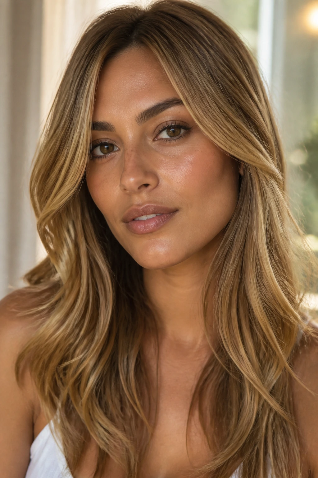 Close-up of warm gold hair on olive undertone in a real person