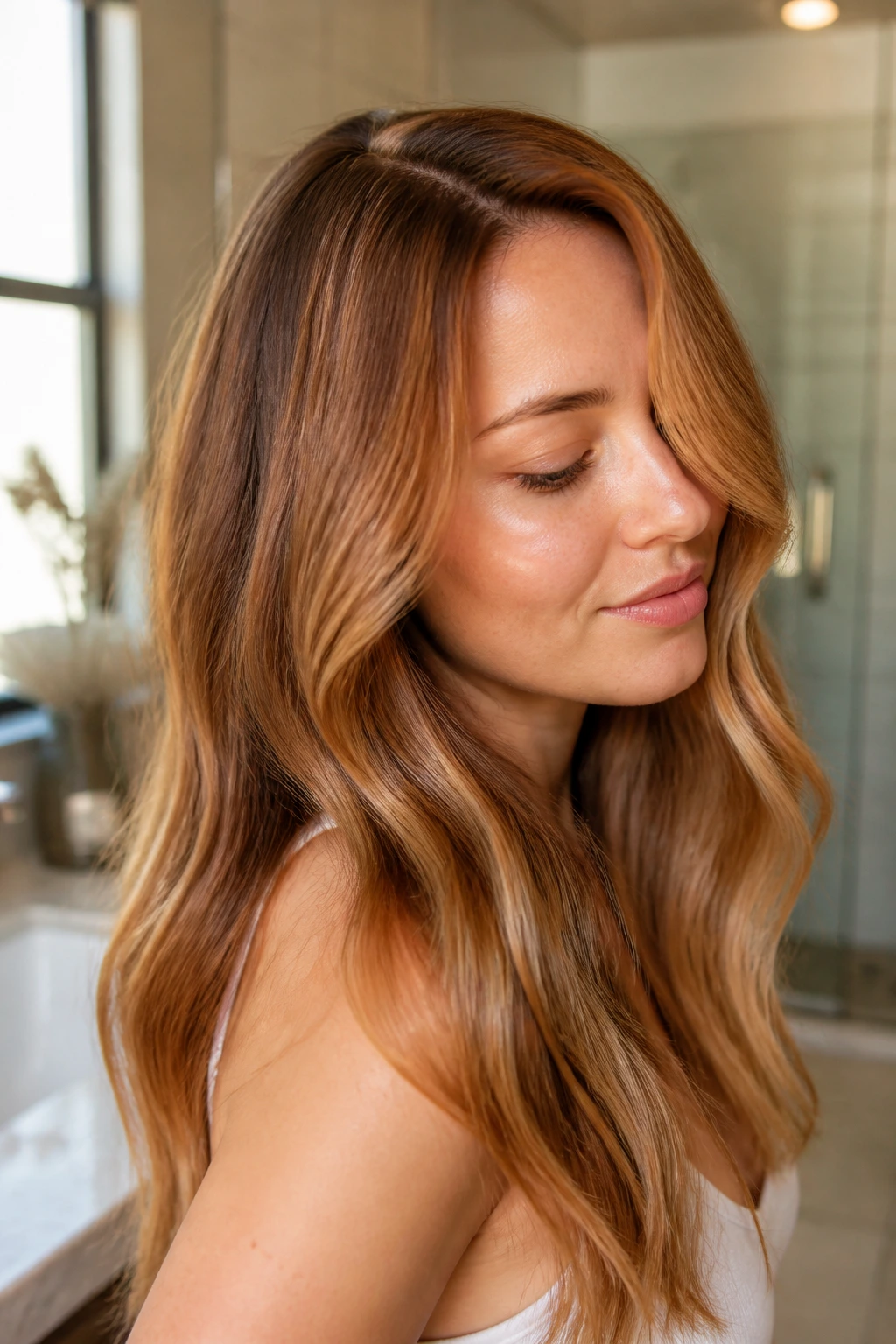 Portrait in a warm bathroom showing glossy warm hair for maintenance
