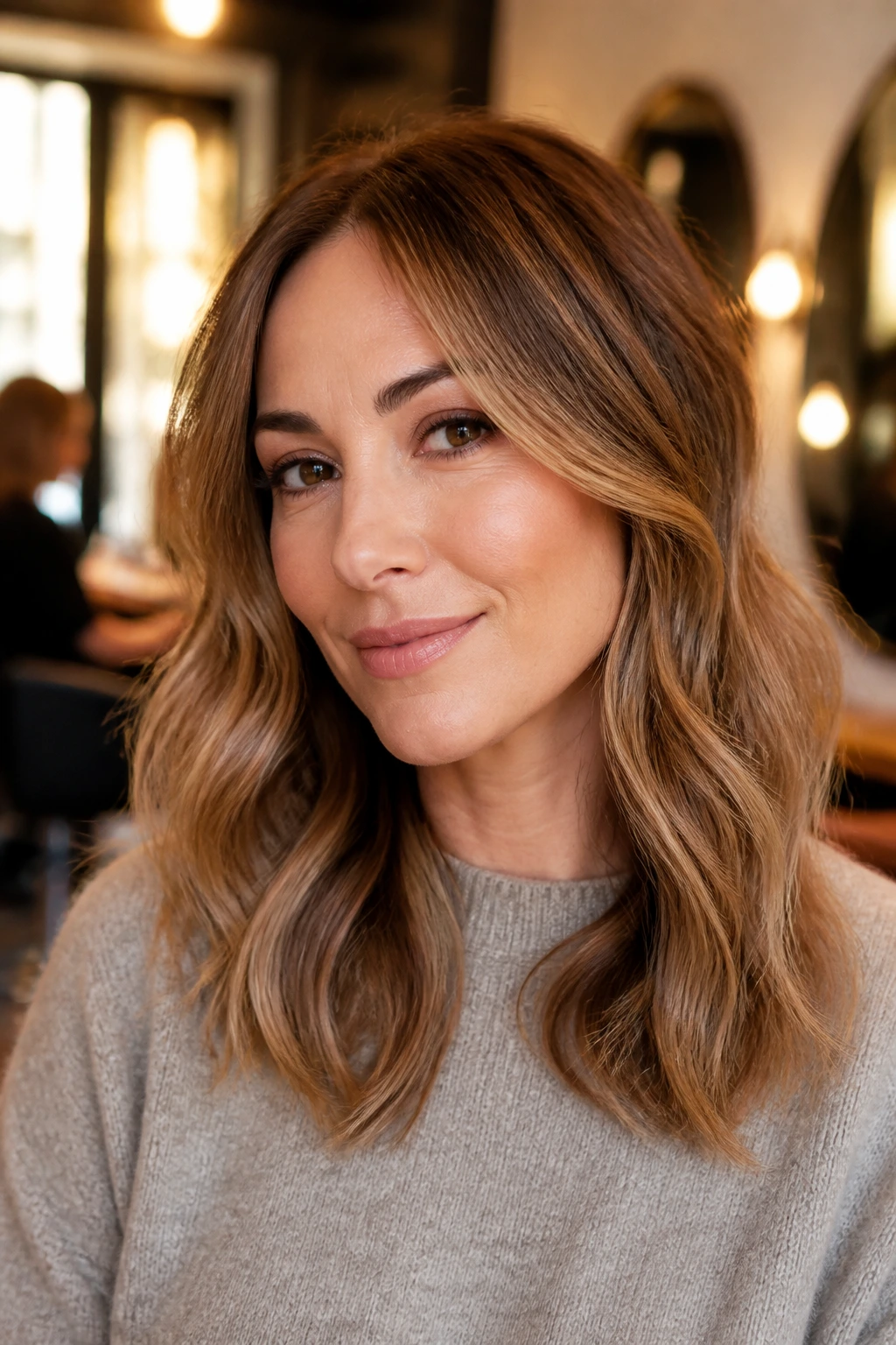Close-up portrait of warm-toned hair and glowing skin in a chic salon