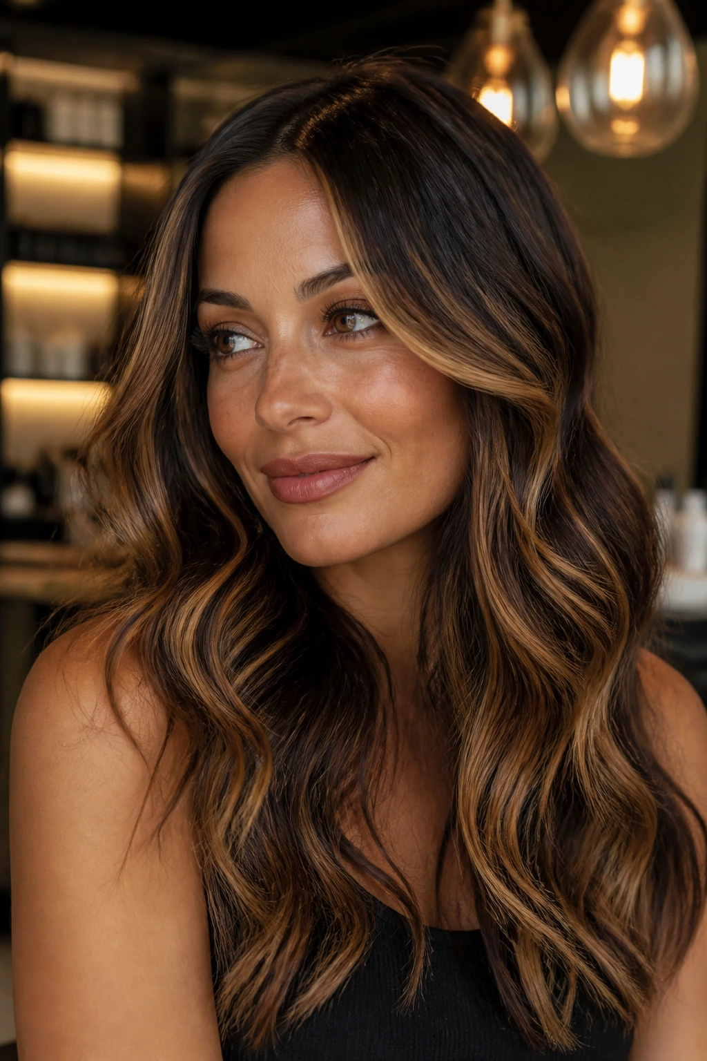 Close-up of brunette with honey caramel bronze highlights flattering warm skin tones.