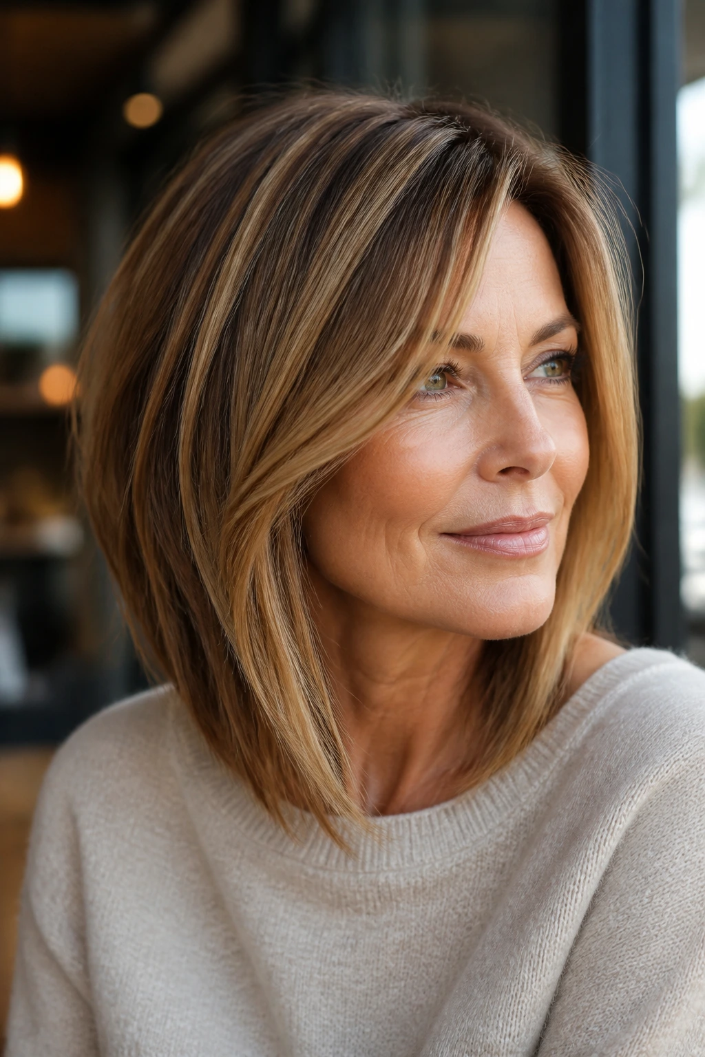 Close-up of a real woman with warm highlighted lob and face framing color