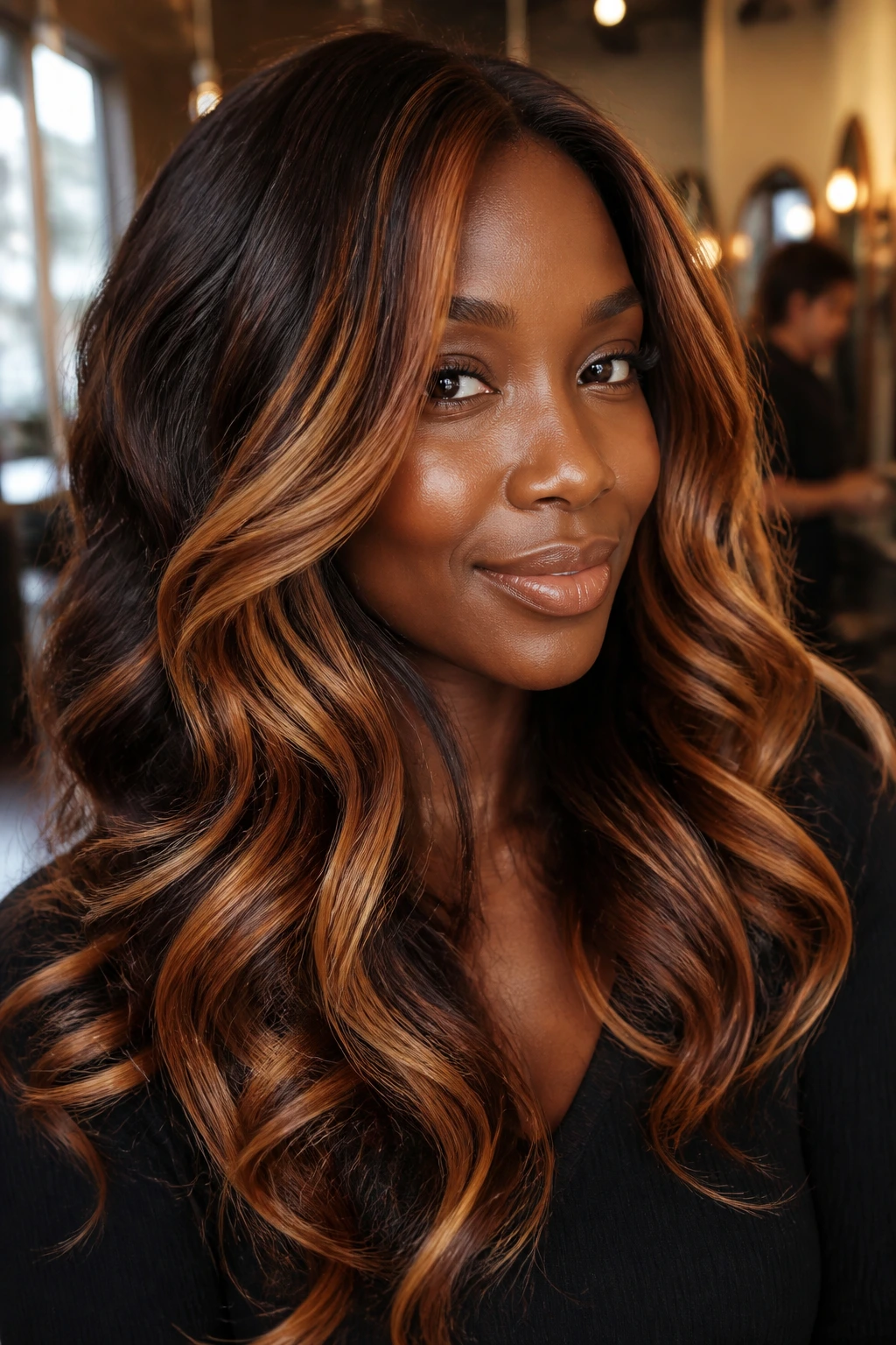 Close-up of warm-highlighted hair on deep brown skin in a salon