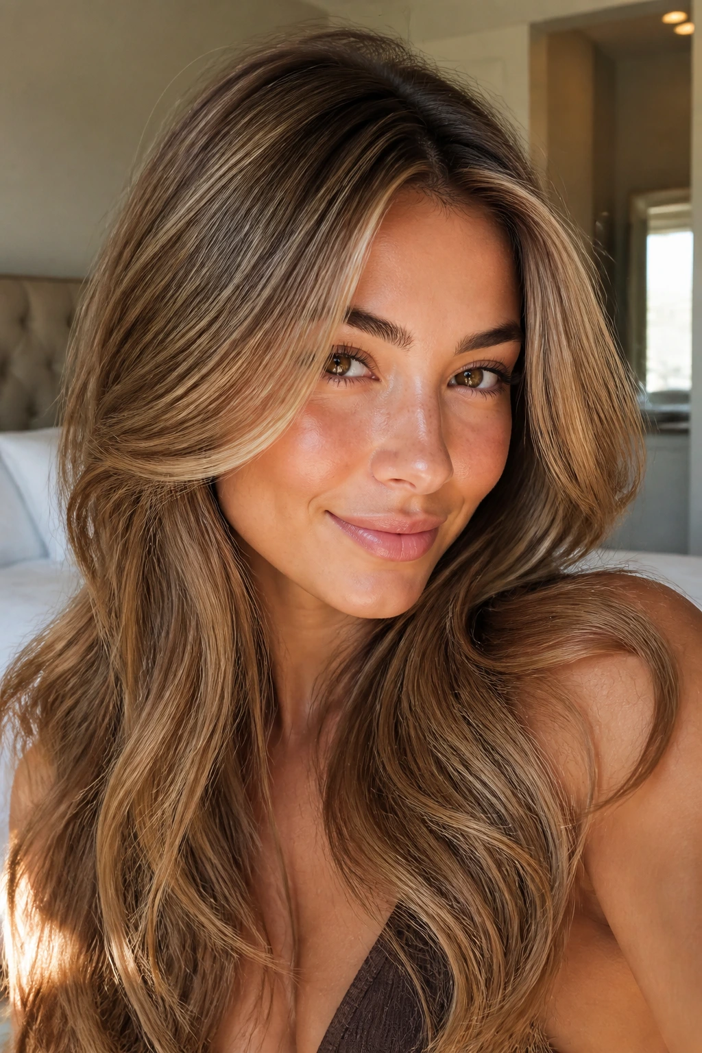 Close-up portrait of a real person showing warm honey babylights in hair