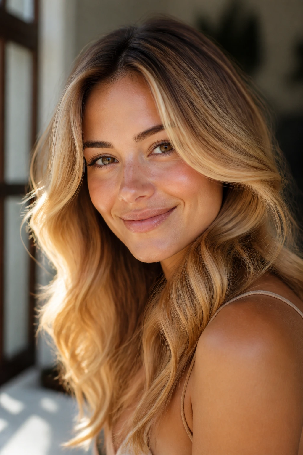 Portrait showing warm, not brassy honey blonde with subtle root shadow.