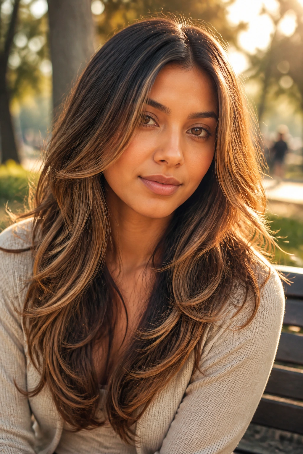 Portrait of woman with honey caramel highlights on long textured hair in golden hour light