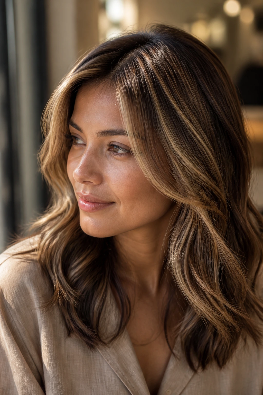 Close-up shows warm honey crown highlights with face-framing lighter pieces