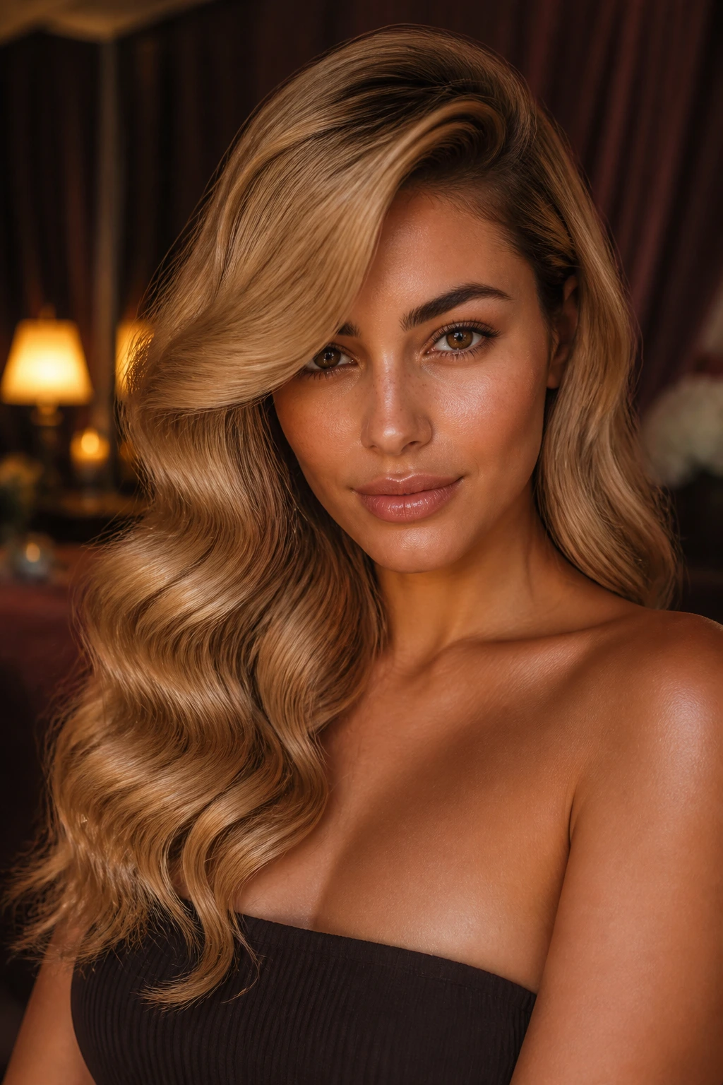 Portrait of a real woman with warm honey Hollywood waves and side-parted hair.