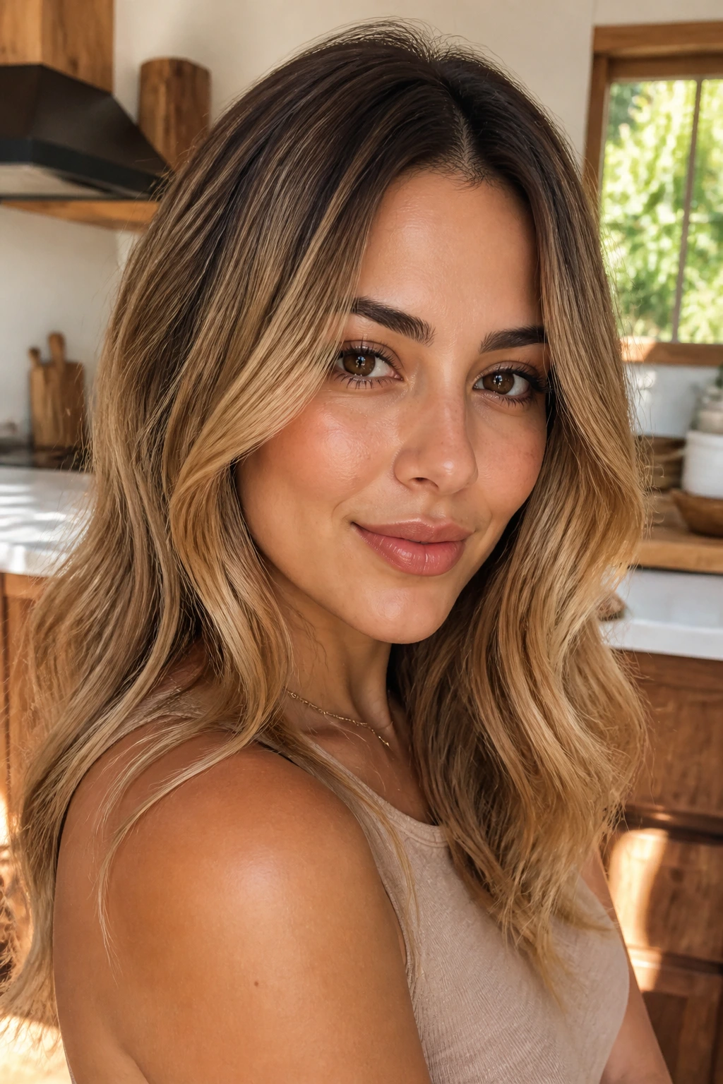 Close-up of real woman with warm honey hair and shadow root on olive skin