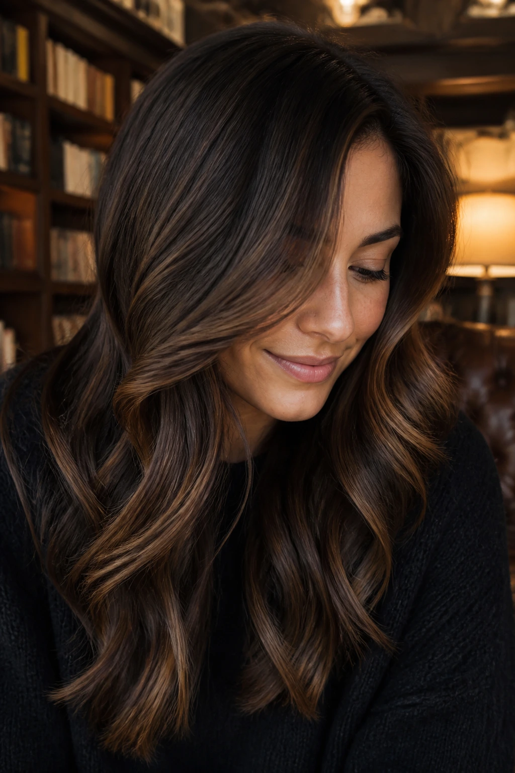 Brunette with warm chestnut lowlights adding depth