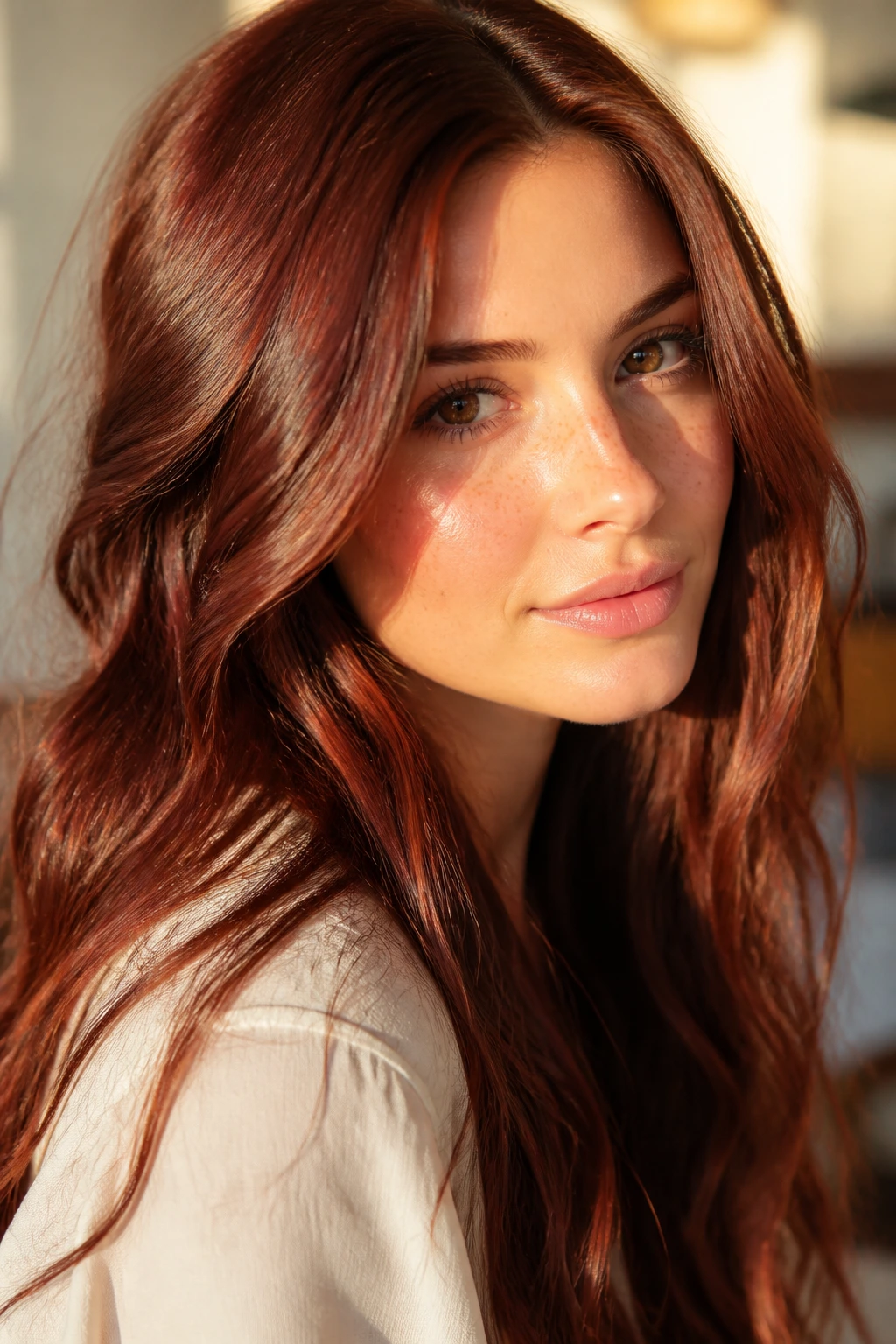Portrait of a real woman with warm mahogany hair and peach undertones.