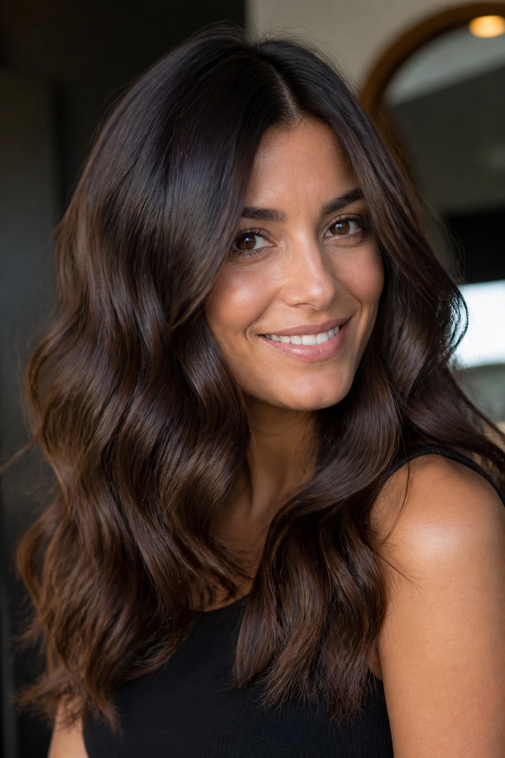 Real woman with warm mocha brown hair and glossy finish.