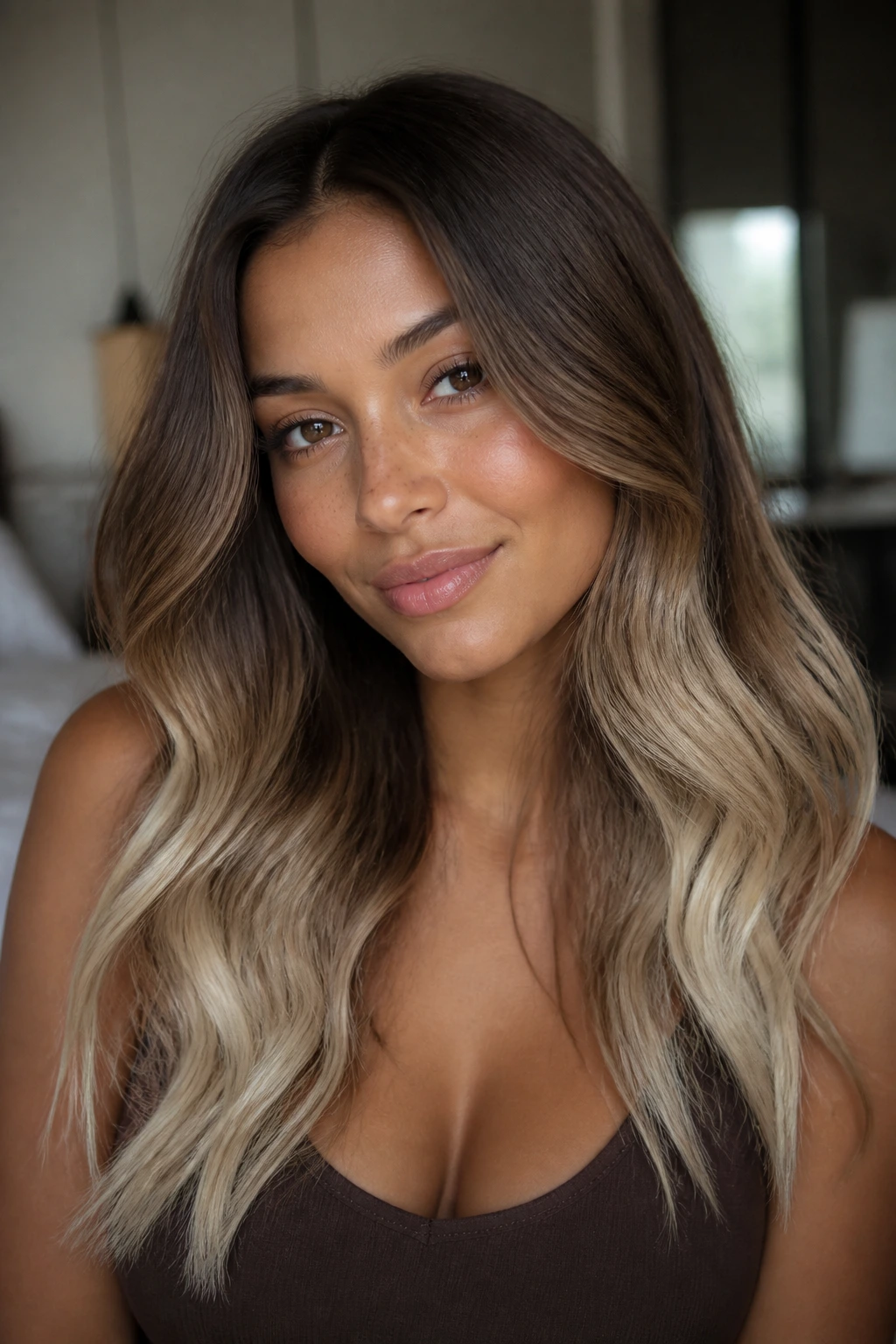 Close-up of a real woman with warm mocha and pearl blonde ends in soft waves