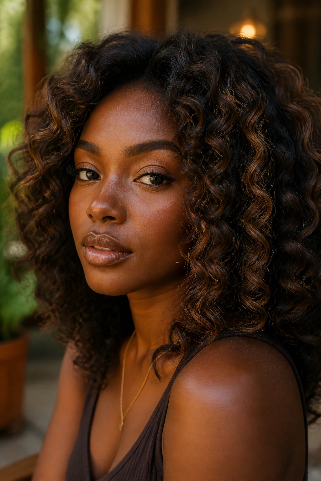 Close-up showing warm mocha ribbons in hair on deep skin
