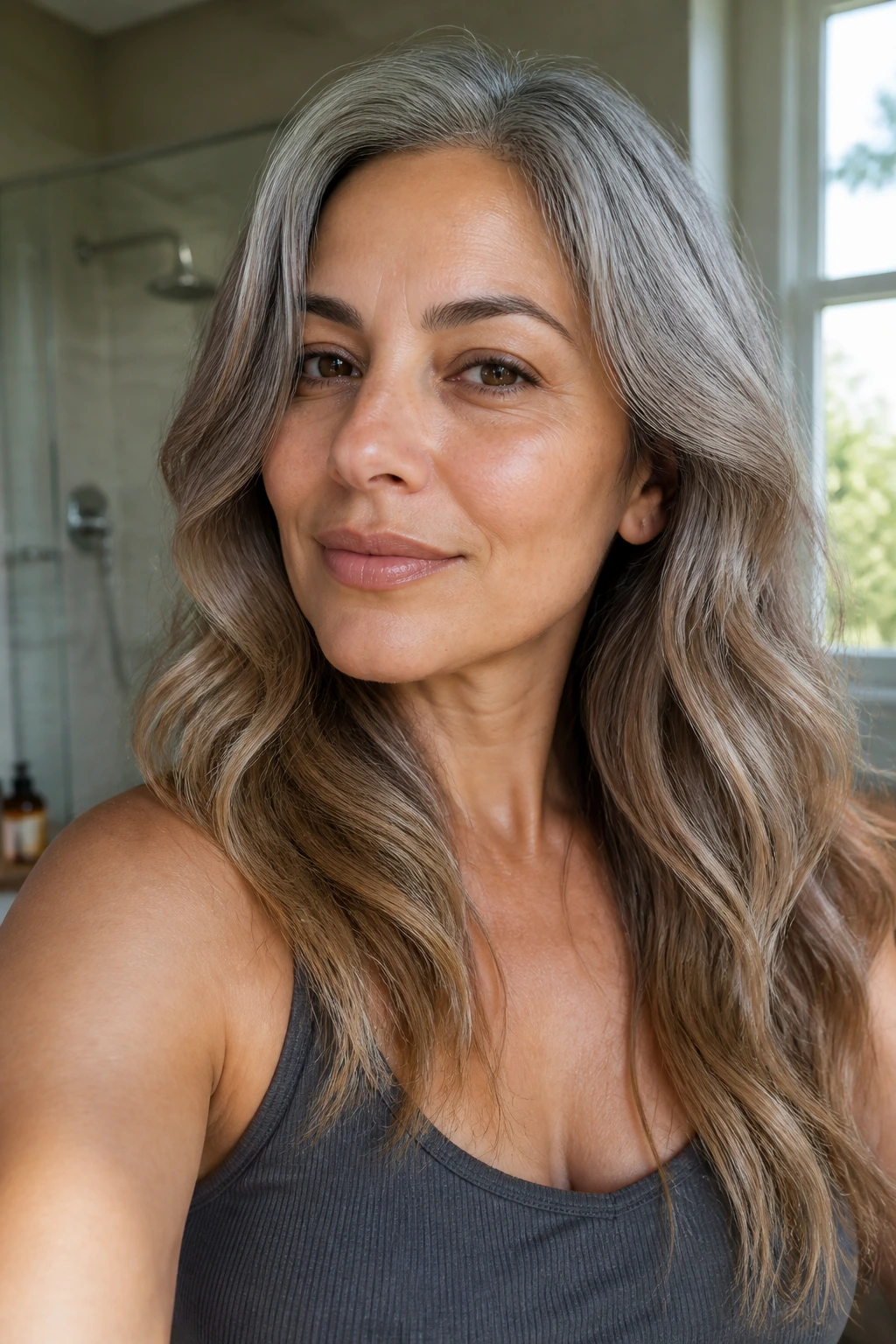 Medium close-up of olive-skinned person with hair transitioning from warm mushroom to pewter.