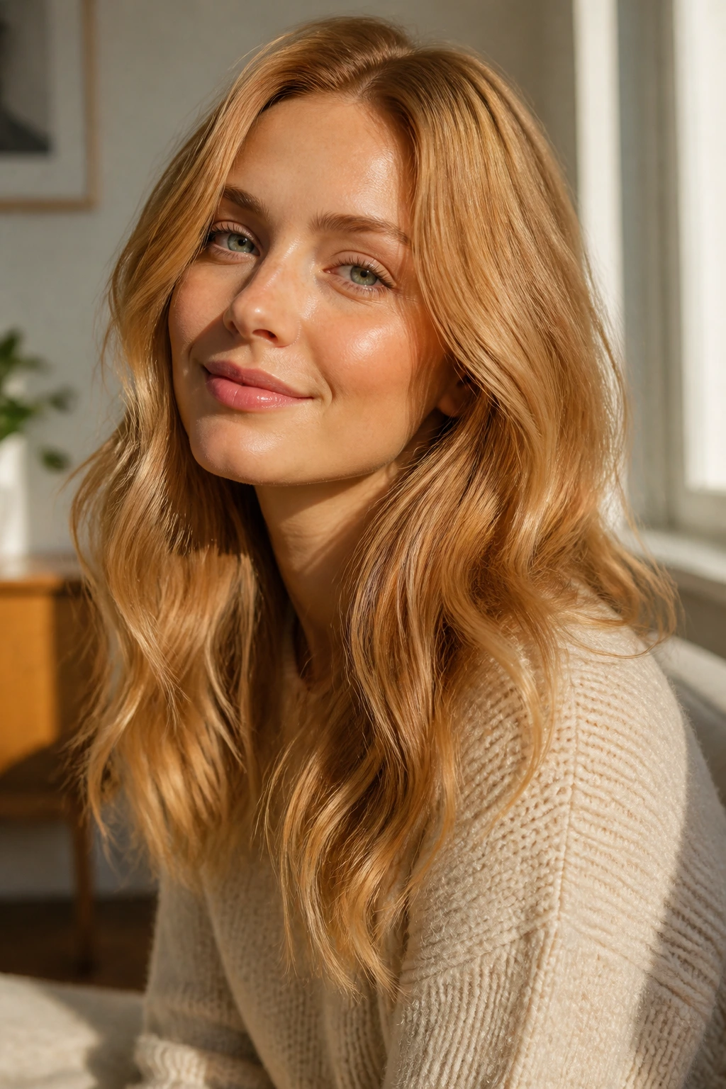 Portrait of a real woman with warm neutral strawberry blonde in soft natural light