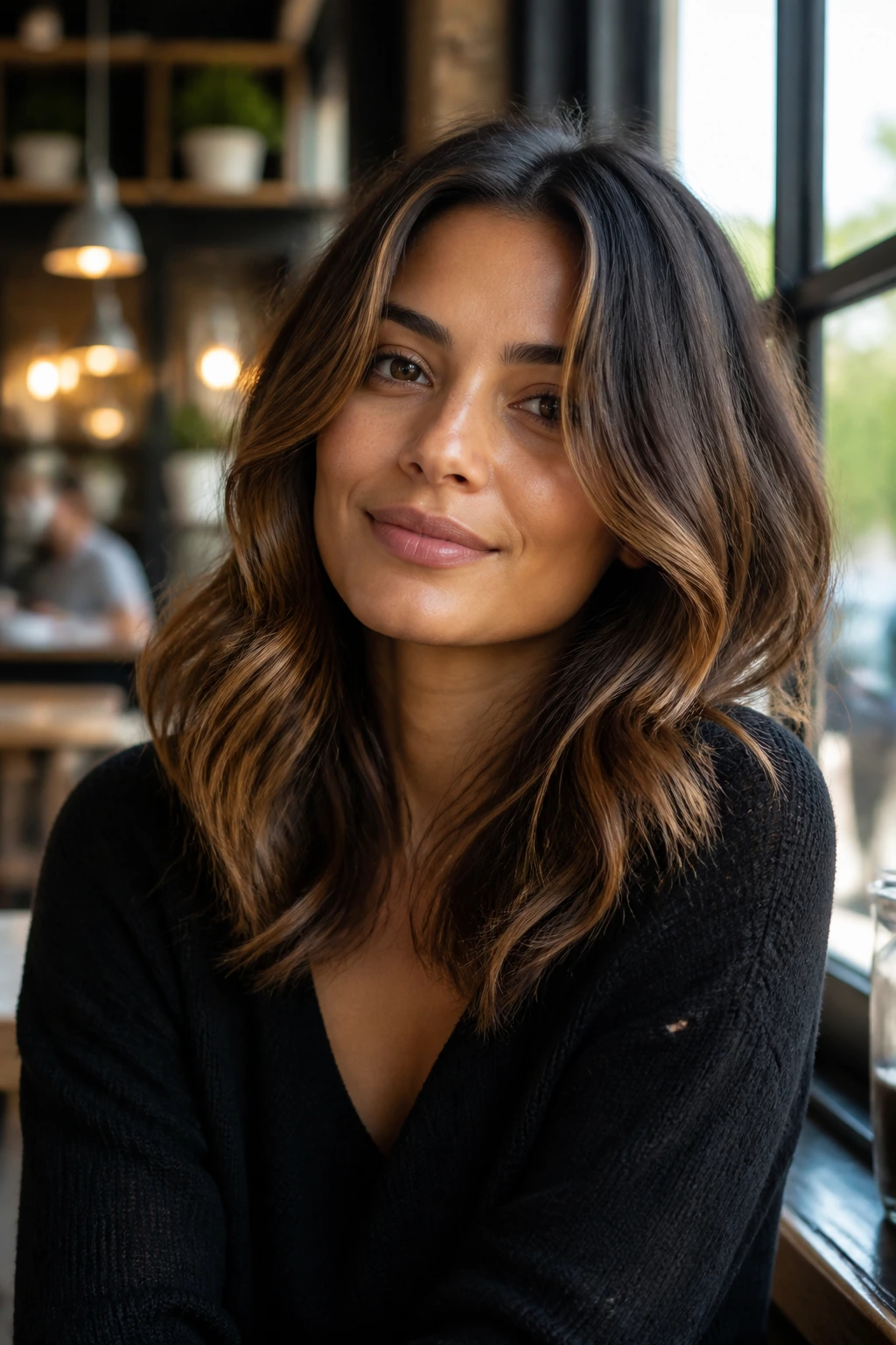 Olive-skinned woman with chestnut hair and caramel highlights in cafe setting.