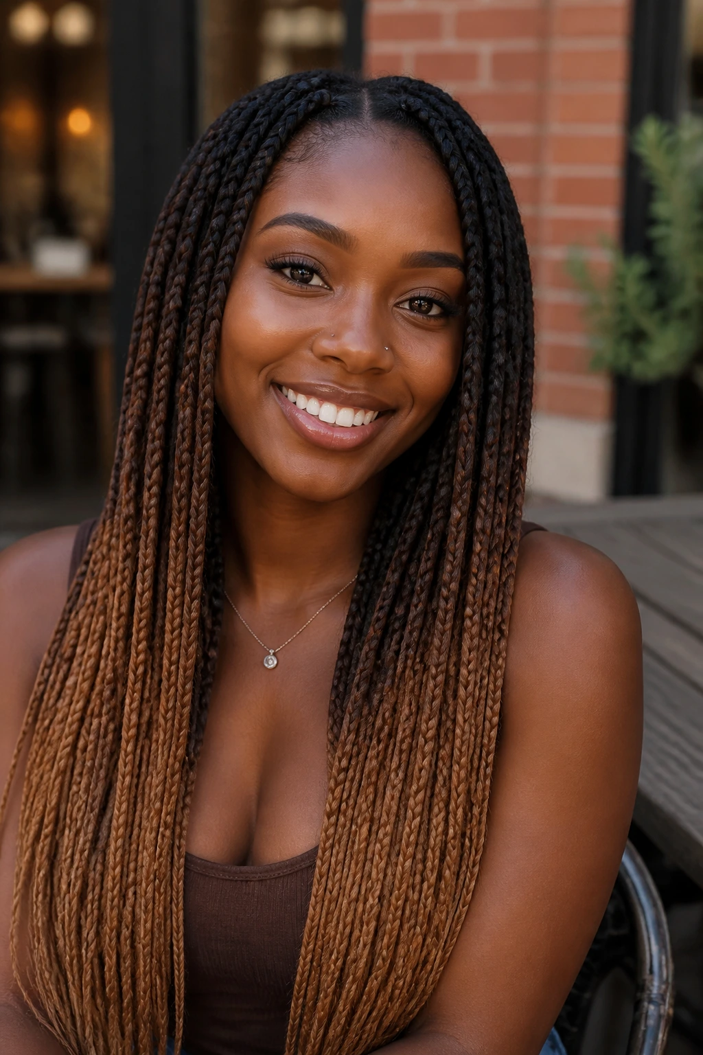 Close-up of a real person with warm ombré knotless braids from dark roots to caramel ends.