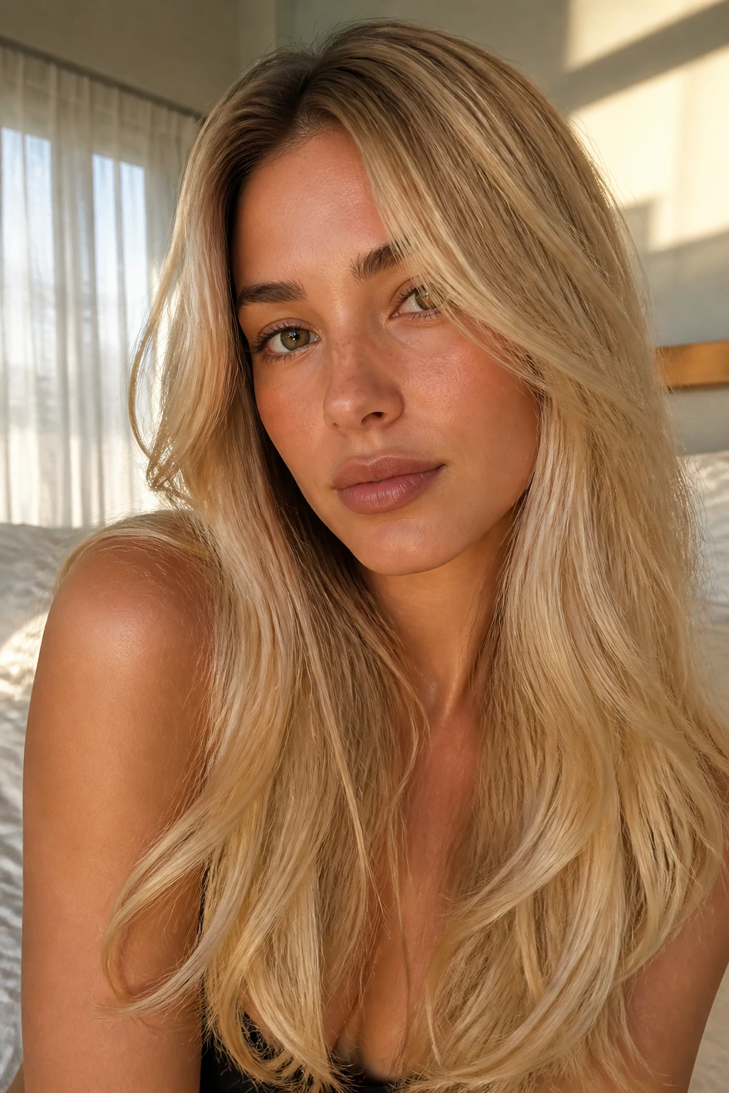 Close-up portrait of a real woman with warm pearl blonde hair and olive skin under warm window light