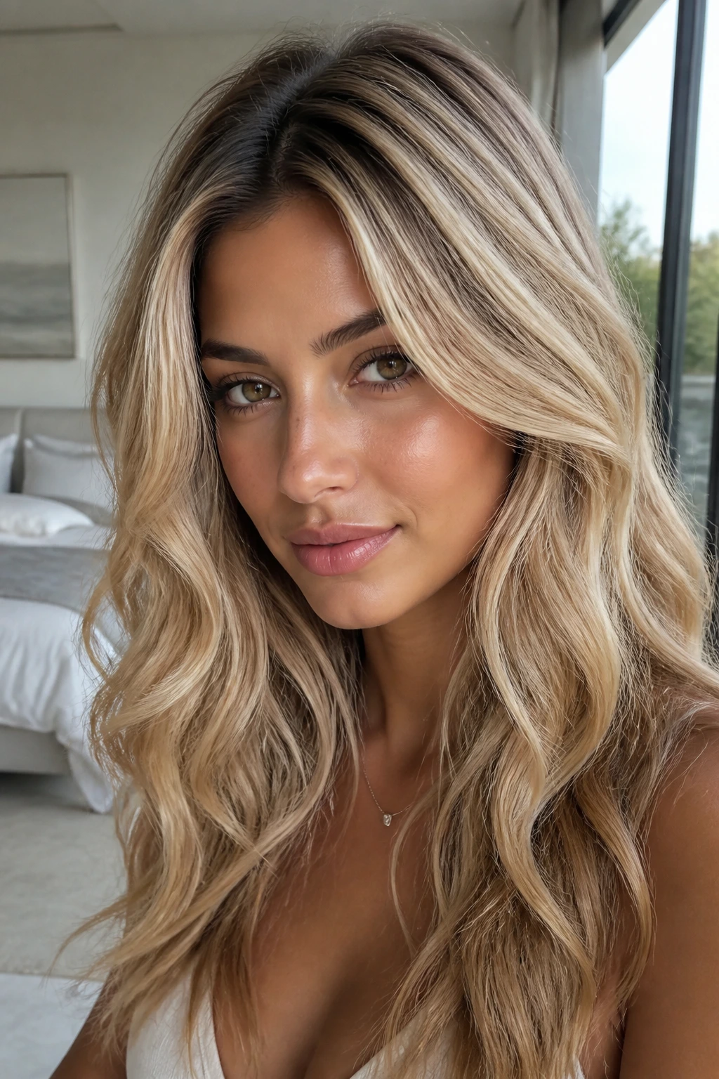 Portrait of a real person with warm pearl-gold blonde on olive skin in soft daylight