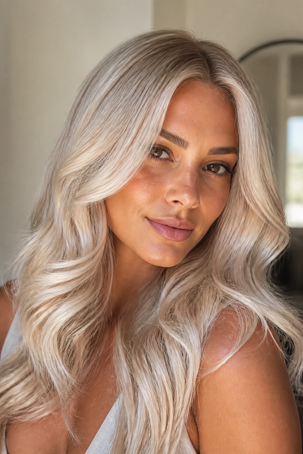 Close-up portrait of a real person with warm pearl platinum hair.