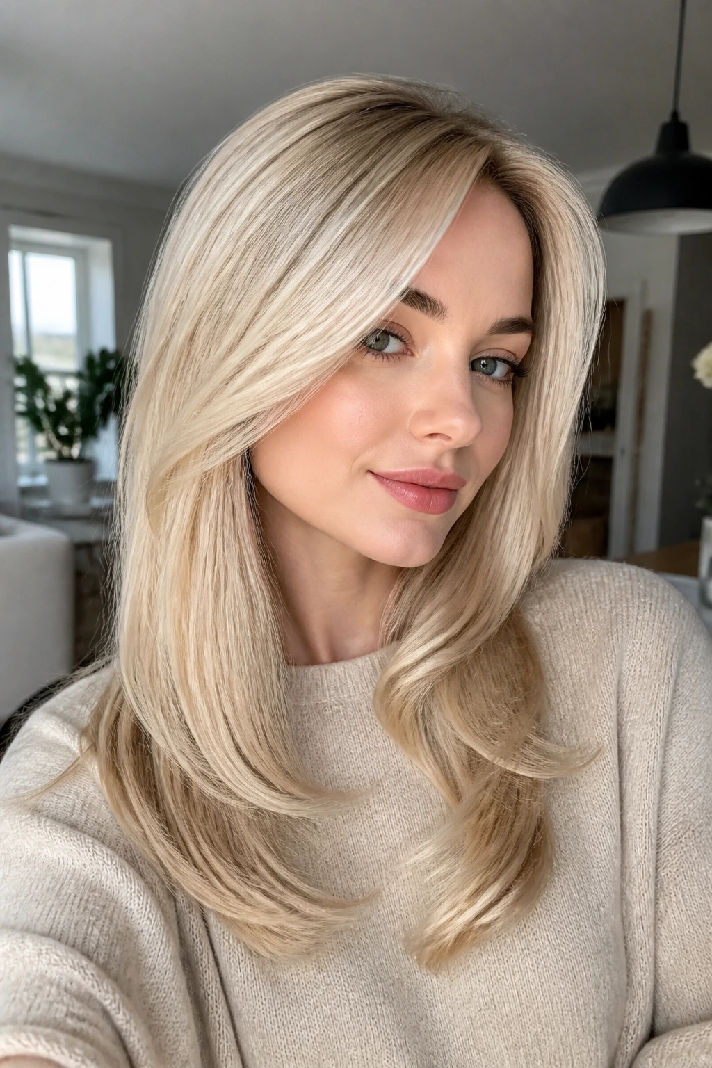 Close-up portrait of a real woman with warm platinum blowout and subtle root shadow