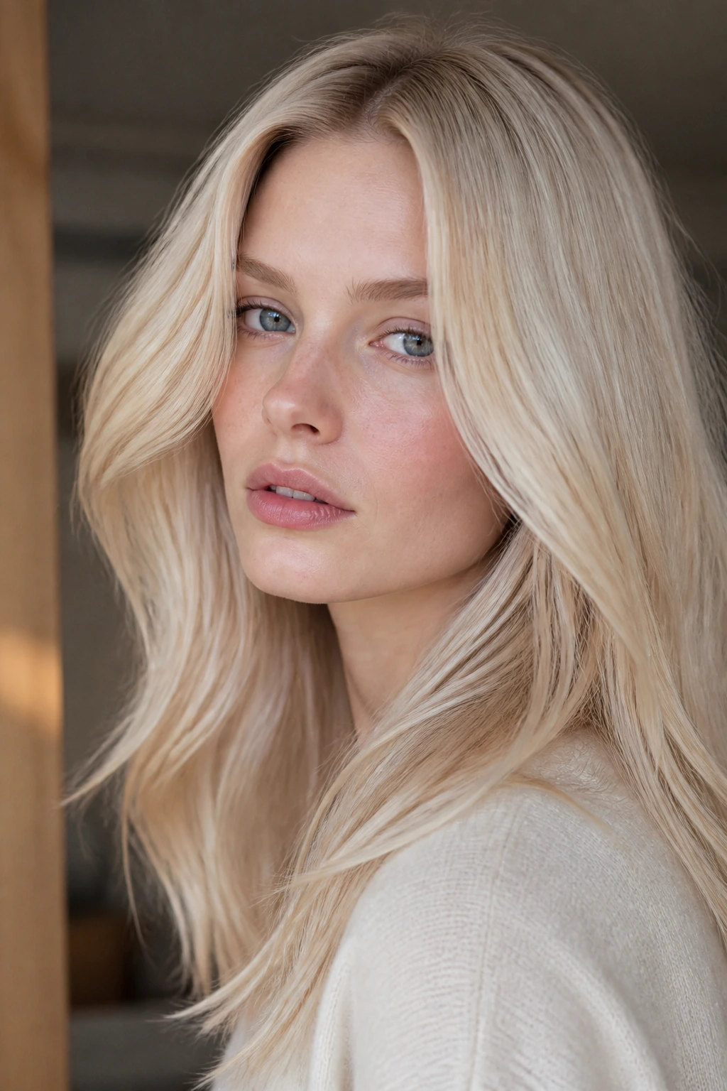 Real person with warm platinum blonde hair against pale skin