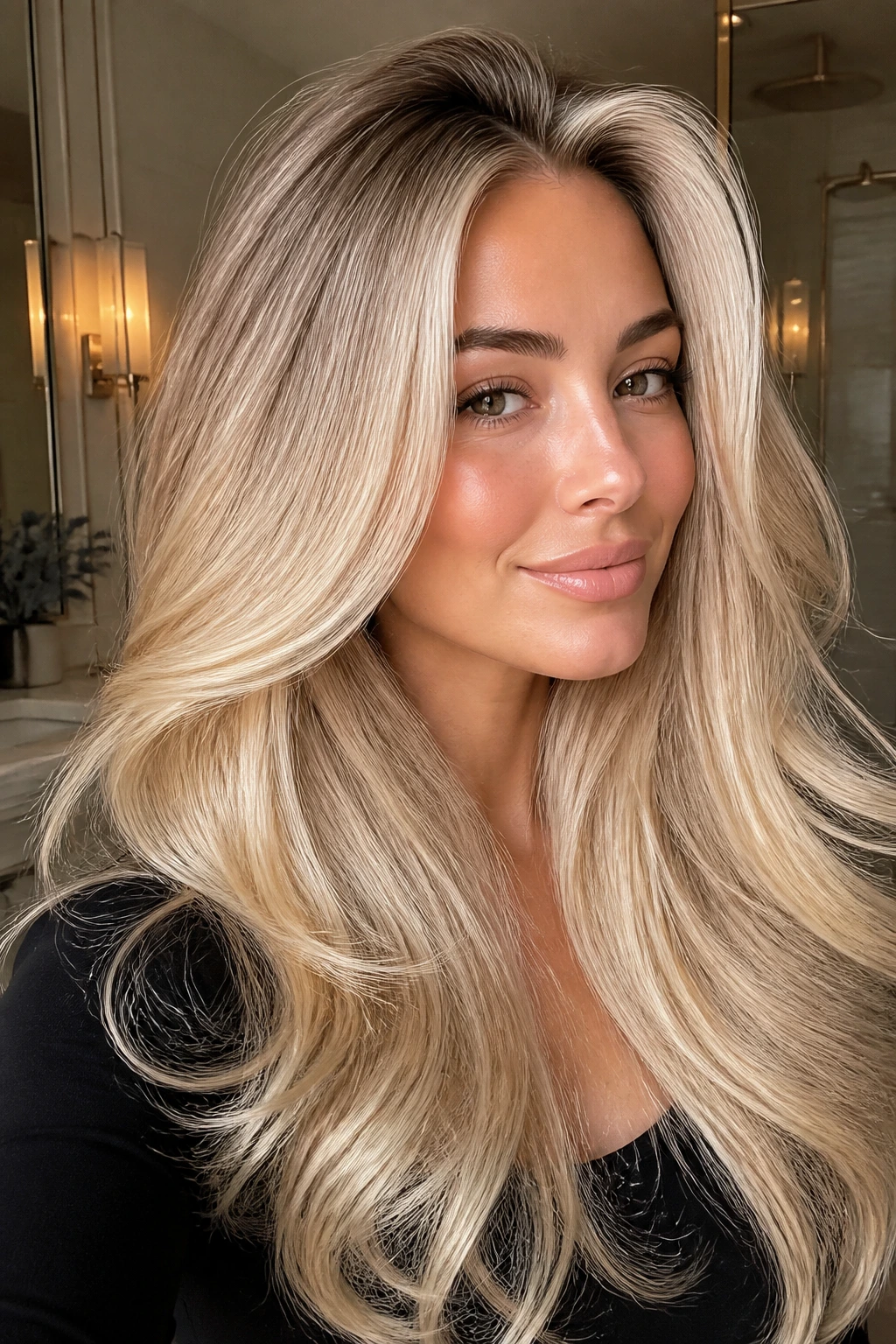 Close-up of real woman with warm platinum blowout lighting
