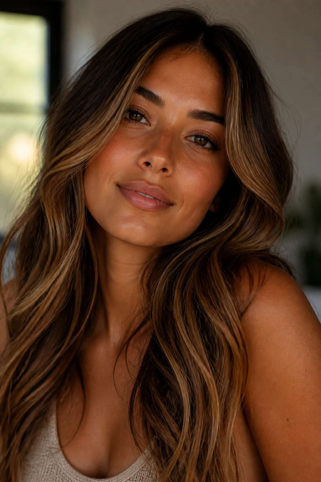 Close-up of a real woman with tan skin and warm honey caramel ribbons in hair.