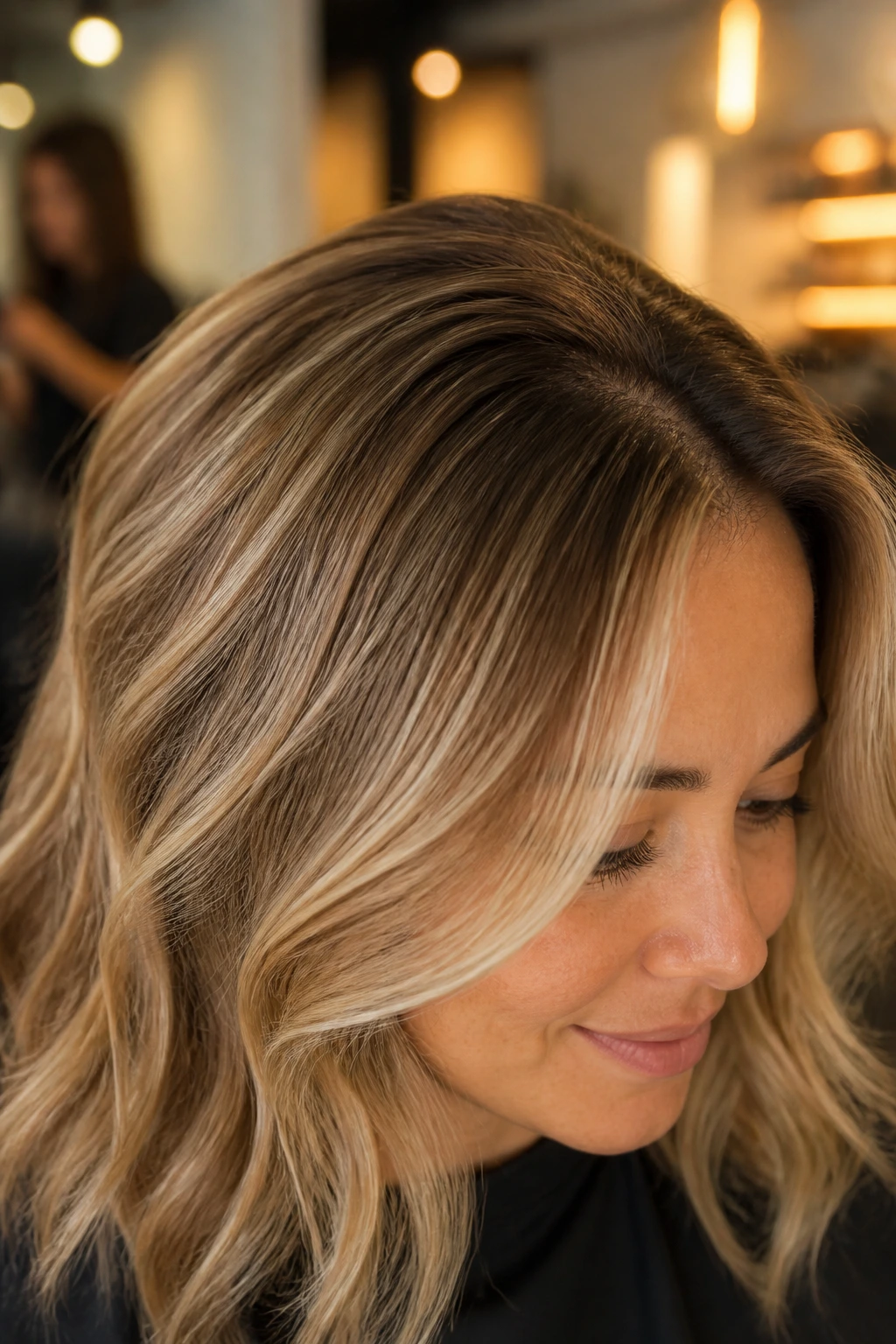 Close-up head shot showing warm-rooted foils and root shadow