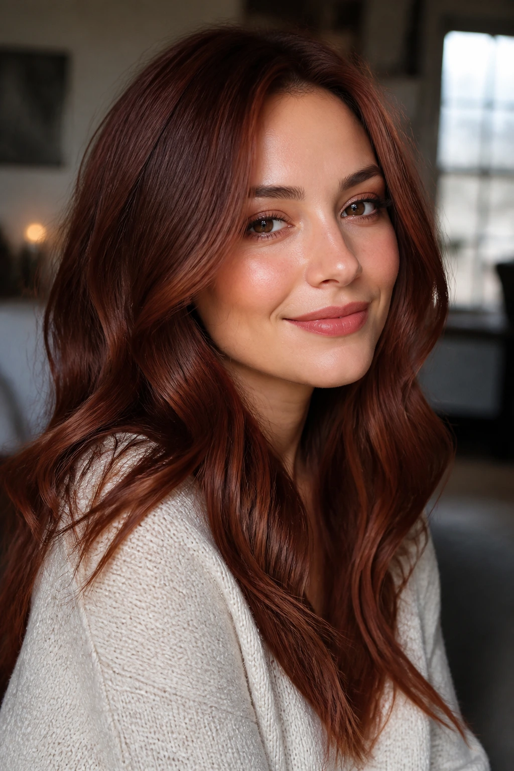 Close-up of a real woman with warm rosewood brunette hair in natural window light