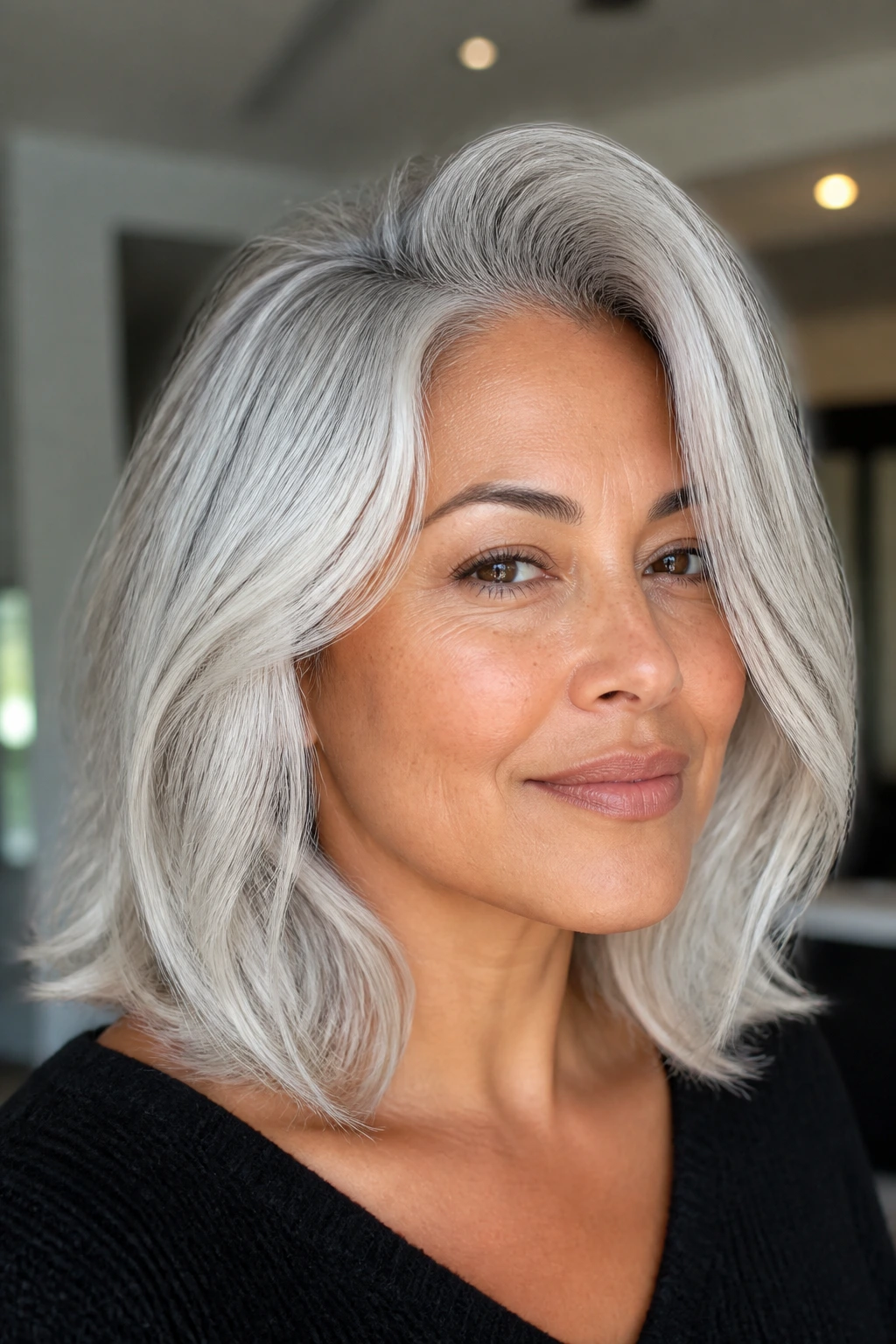 Close-up of warm textured silver hair on a real person