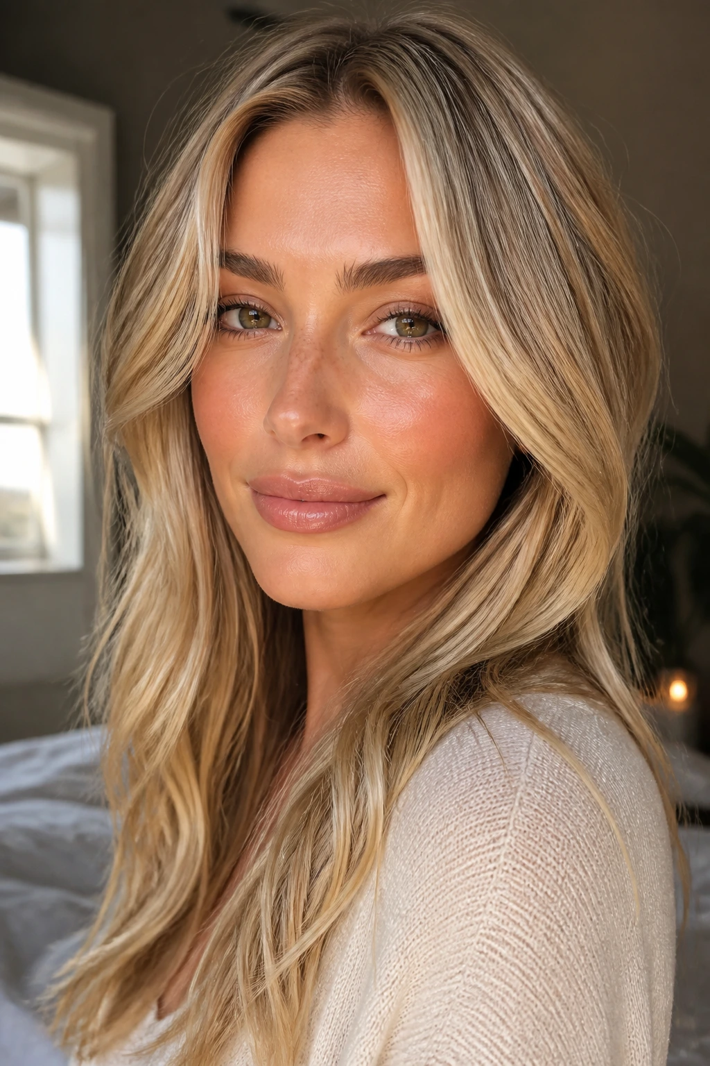 Portrait of a warm-skinned woman with beige-gold blonde hair