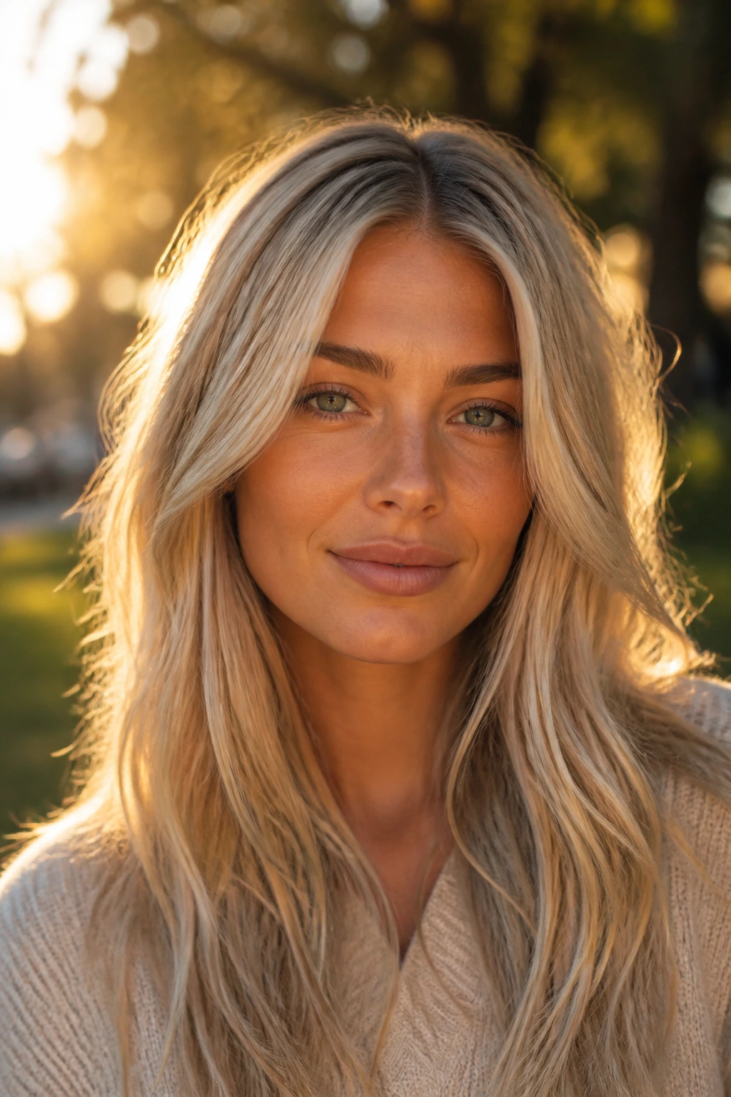 Portrait of a person with warm-toned cool blonde hair in golden hour light