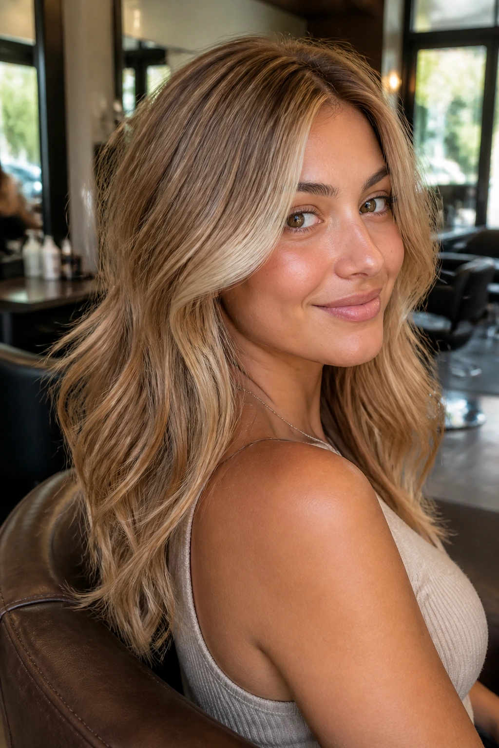 Real person in a salon chair with warm honey-blonde hair and face-framing pieces