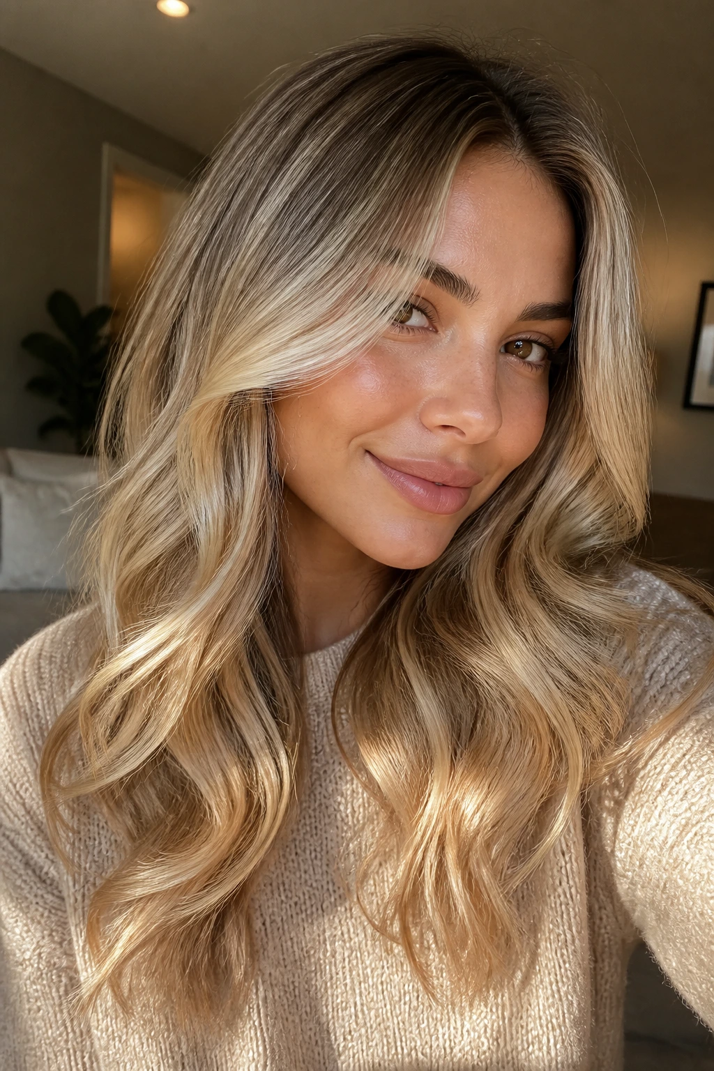 Close-up portrait of a warm-skinned model with honey and caramel winter blonde hair.