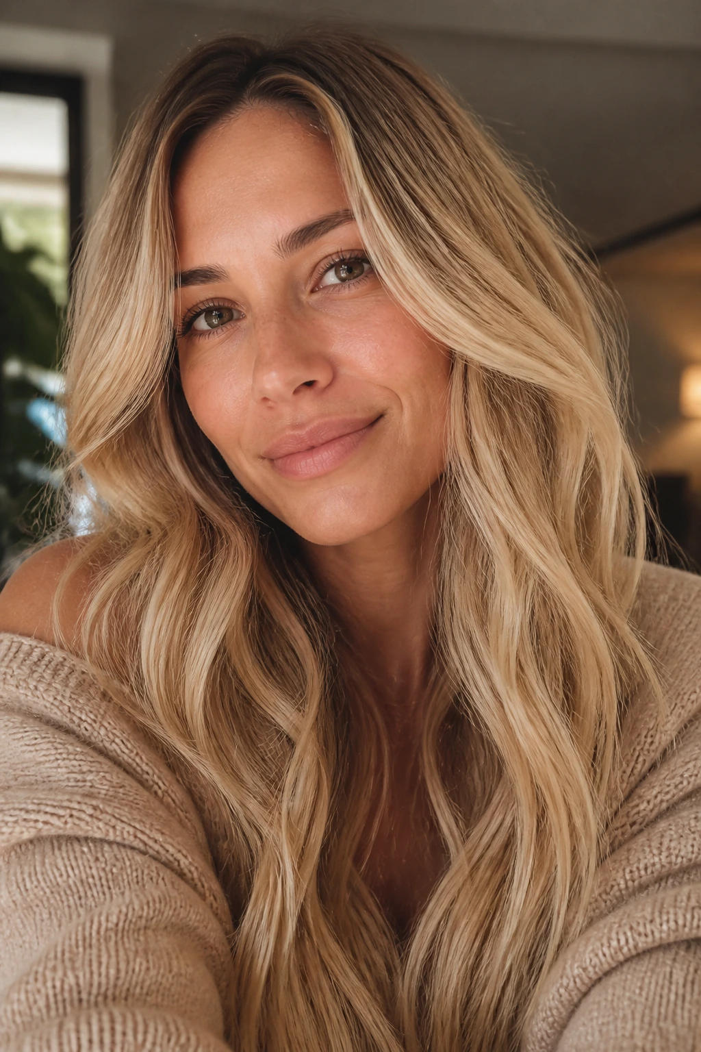 Close-up portrait of a woman with warm skin and long pale blonde hair in natural window light