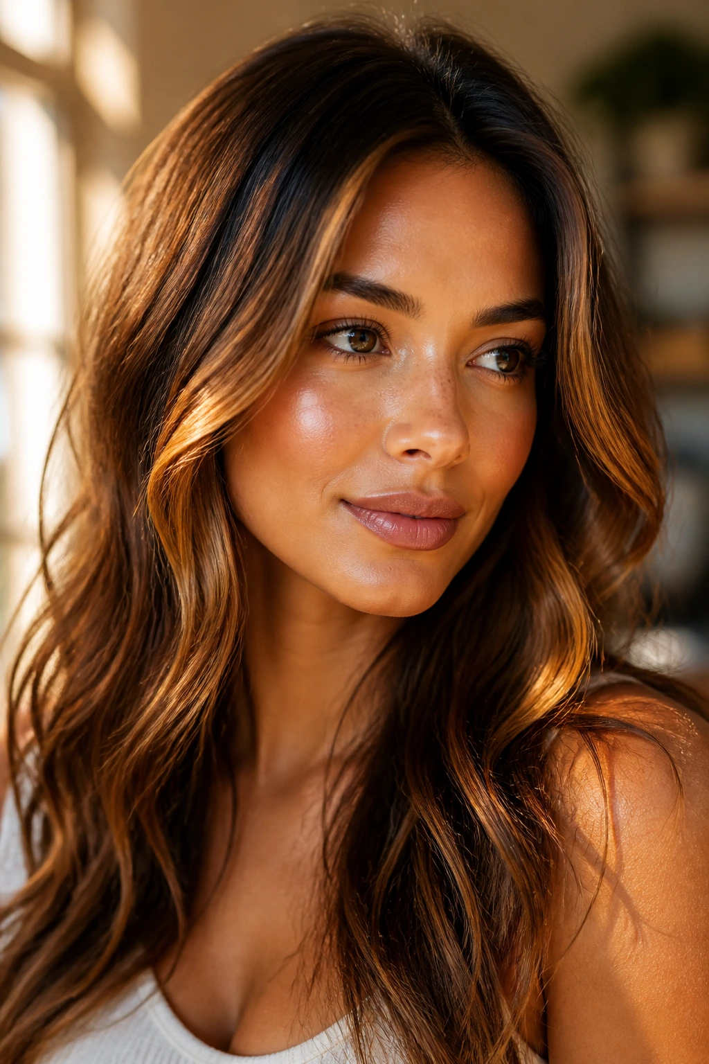 Close-up of a real person with brunette highlights harmonizing with warm skin tones under golden light