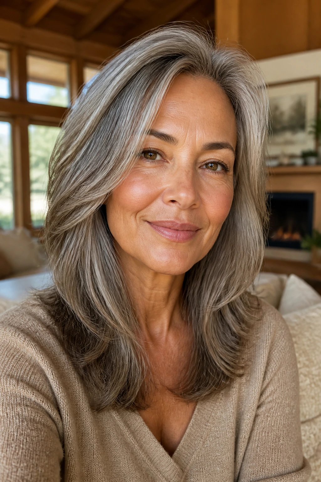 Close-up portrait of a real woman with warm skin and mushroom-grey hair with soft layers