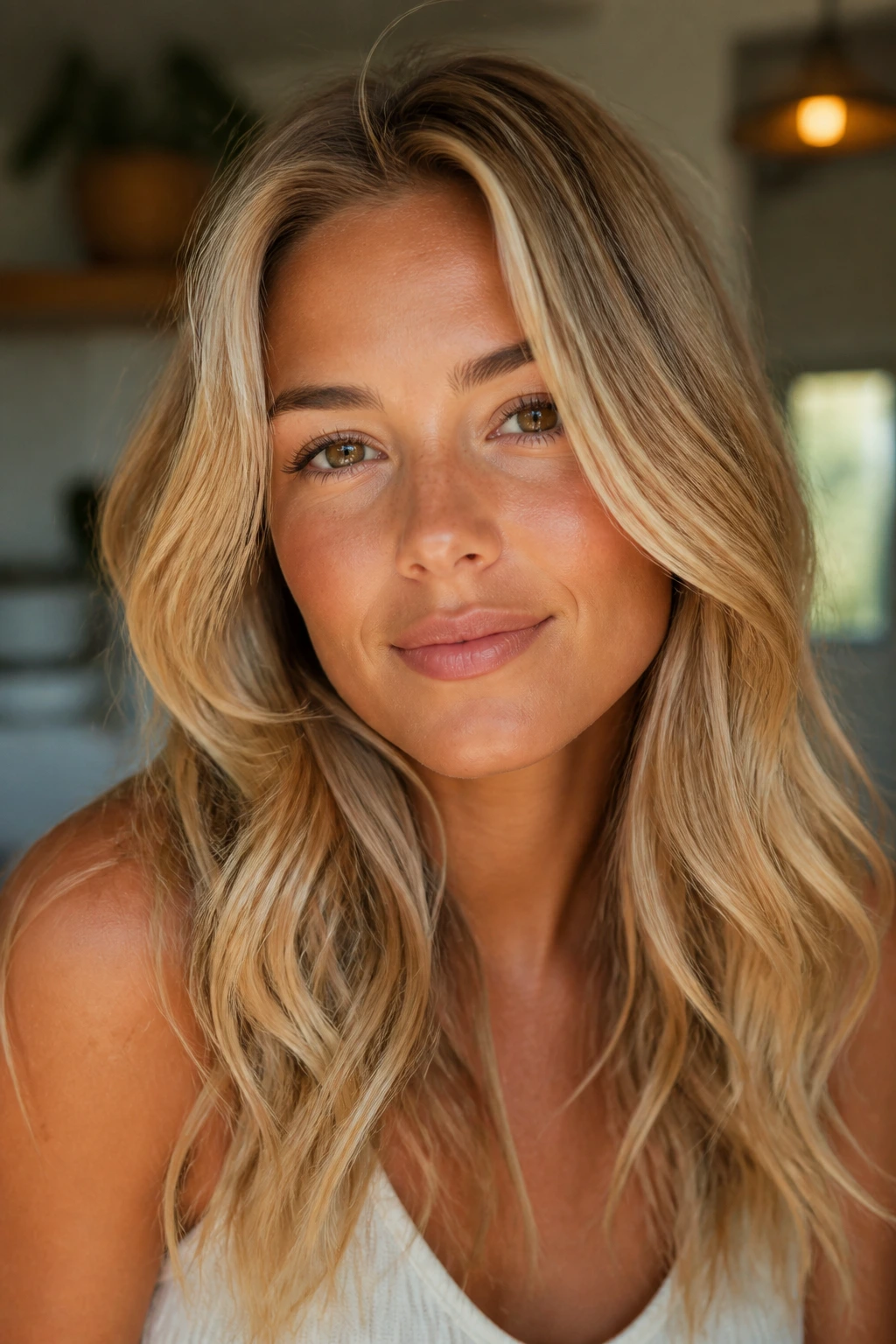 Close-up portrait of warm-skinned person with honey blonde hair showing warm blonde looks