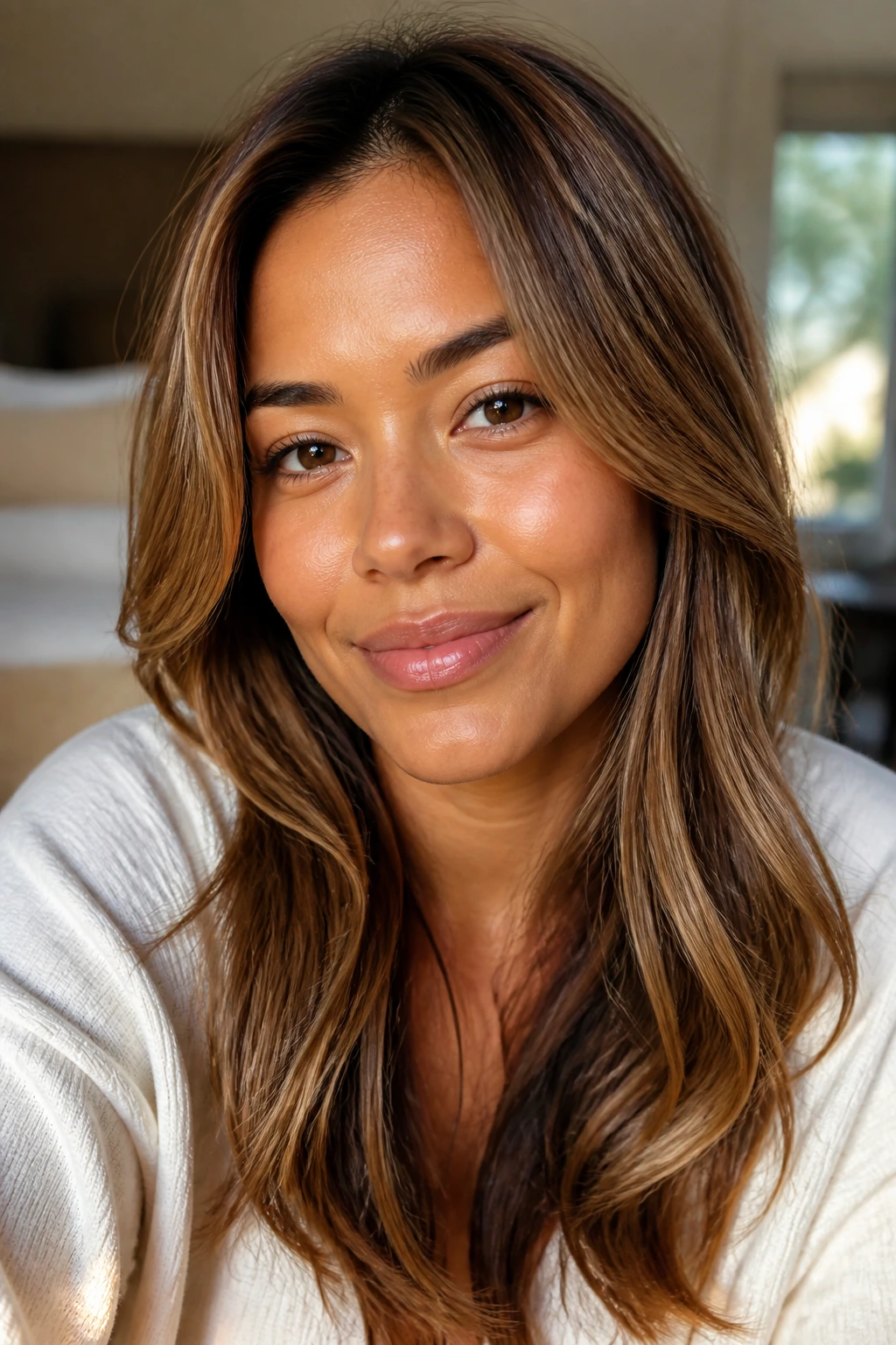 Close-up portrait of warm skin with honey brown hair and golden glow