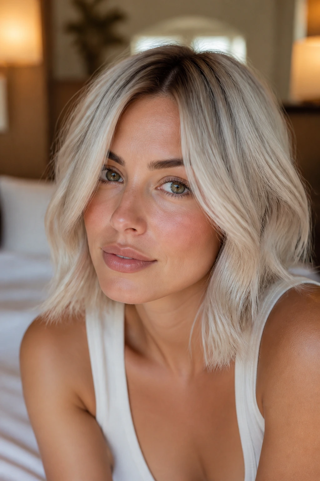 Close-up portrait of a real woman with warm skin and icy blonde hair showing subtle root shadow