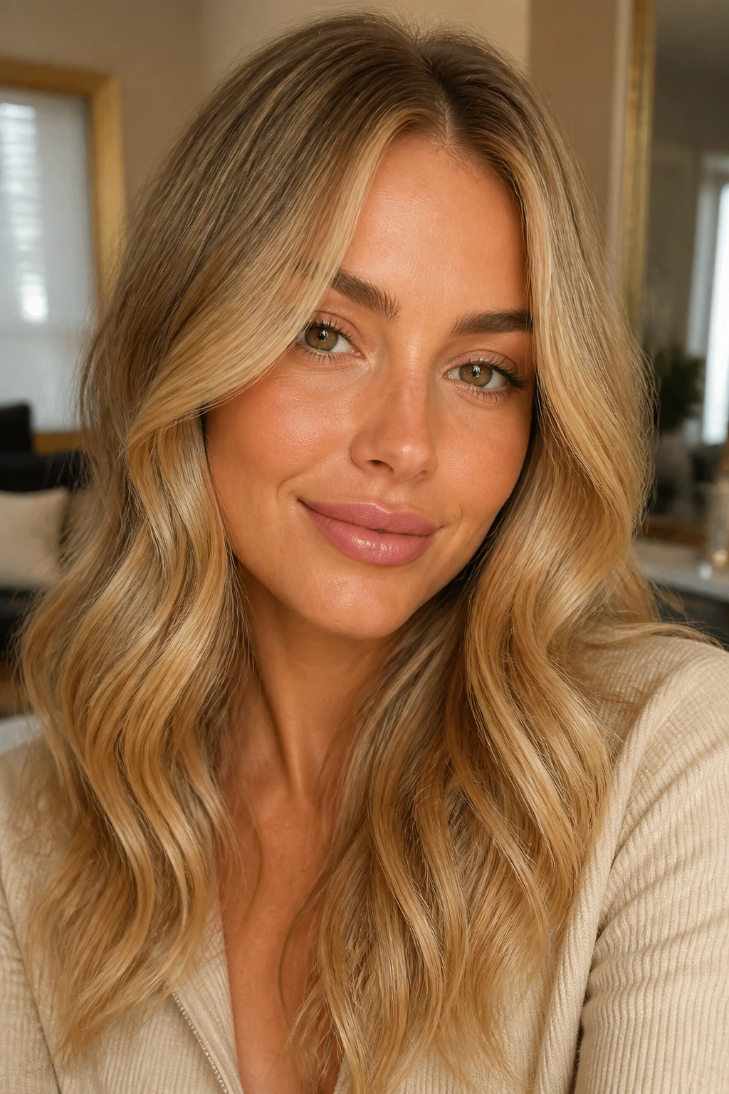 Close-up portrait of a person with warm skin tones and golden blonde hair in natural window light