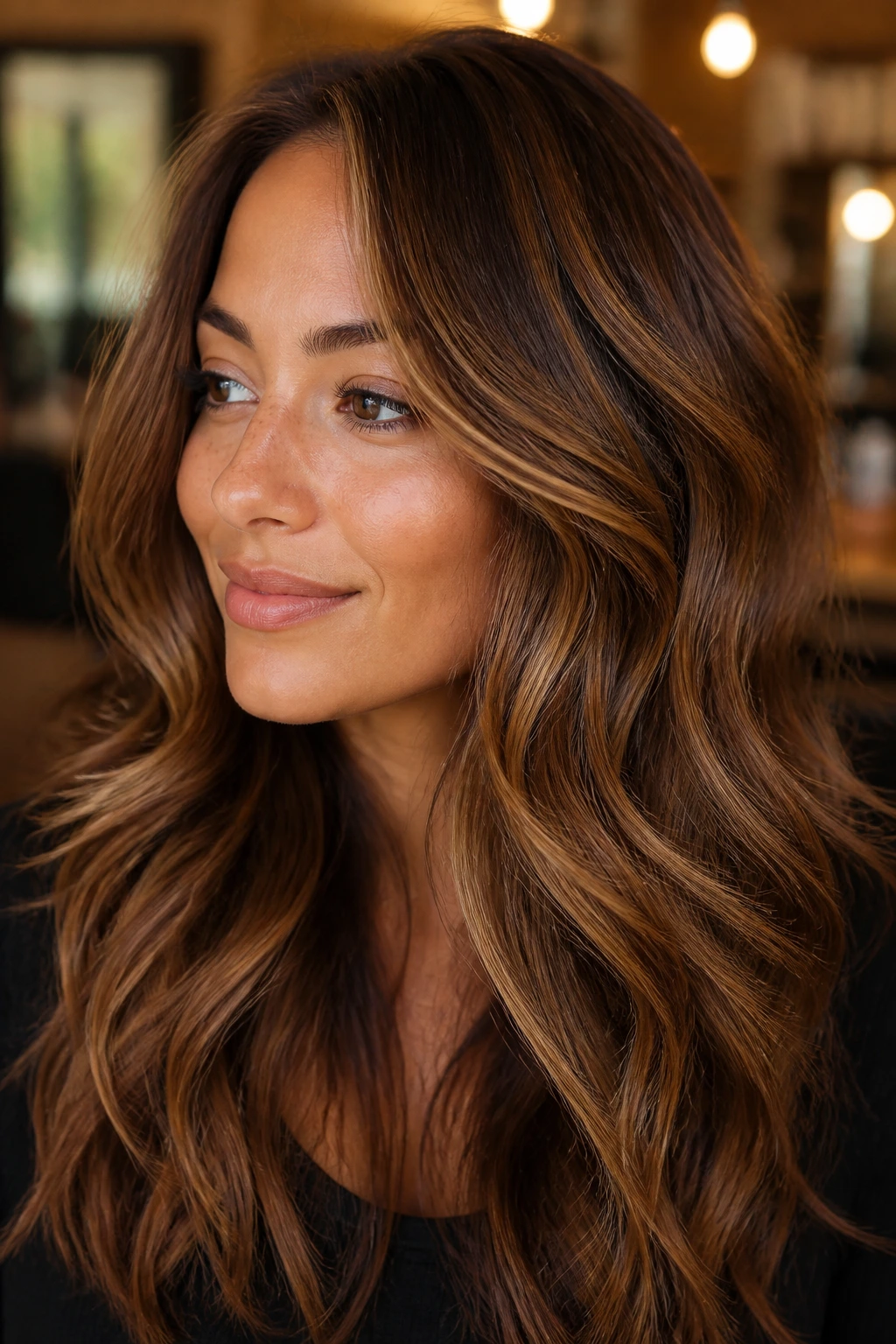Close-up of a brunette with warm skin tones and caramel-gold highlights in a warm salon.