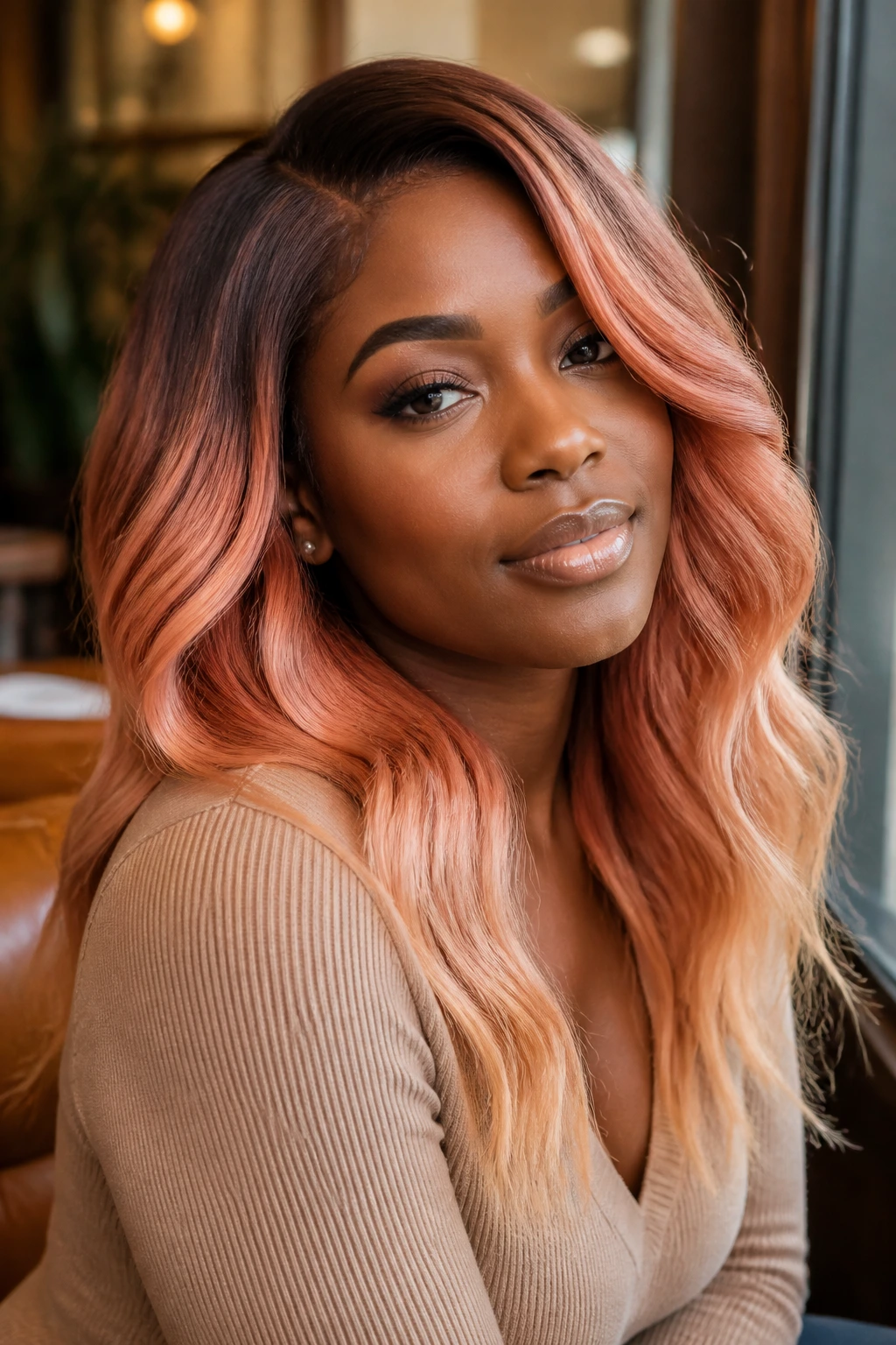 Close-up of a person with warm sorbet balayage hair tone.