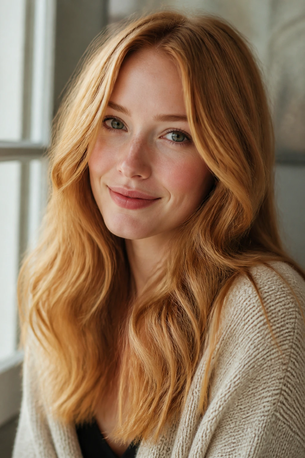 Close-up portrait of a real woman with warm strawberry blonde hair under natural light.