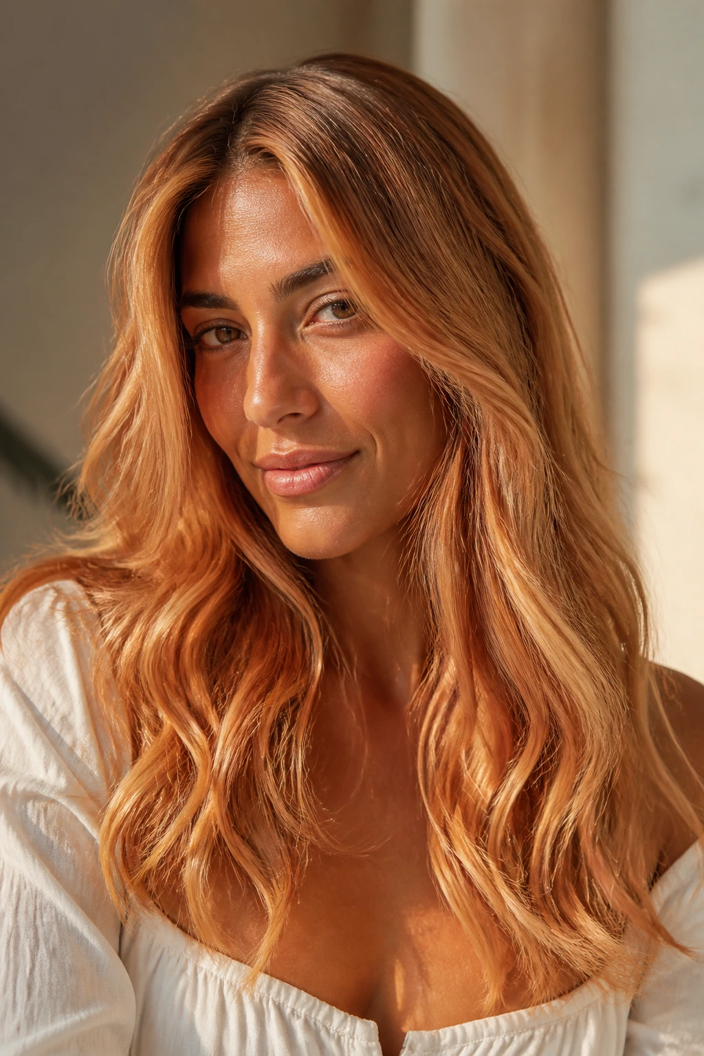 Portrait of a woman with warm peach-copper-gold strawberry blonde tones.