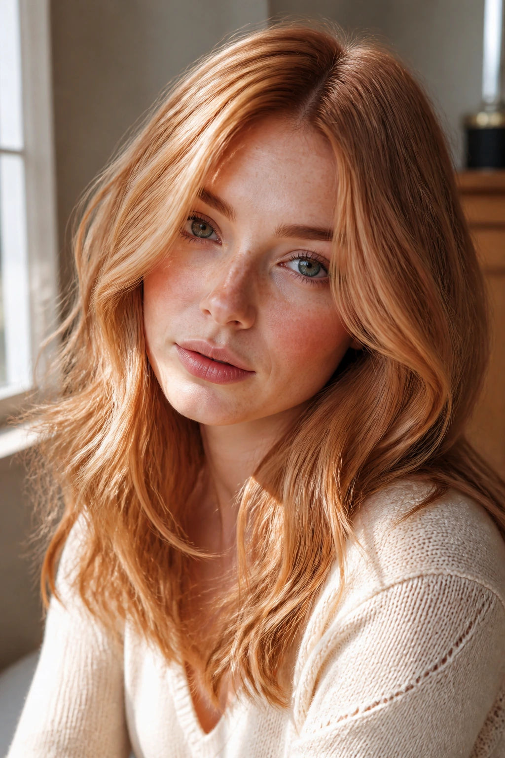 Close-up of a strawberry blonde hair color showing warm root depth and peach/beige undertones under natural light