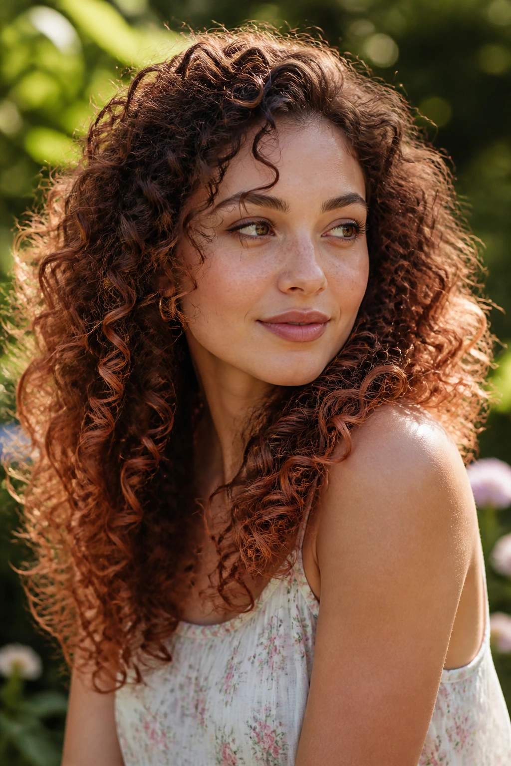 Real woman with curly hair showing warm strawberry tones.