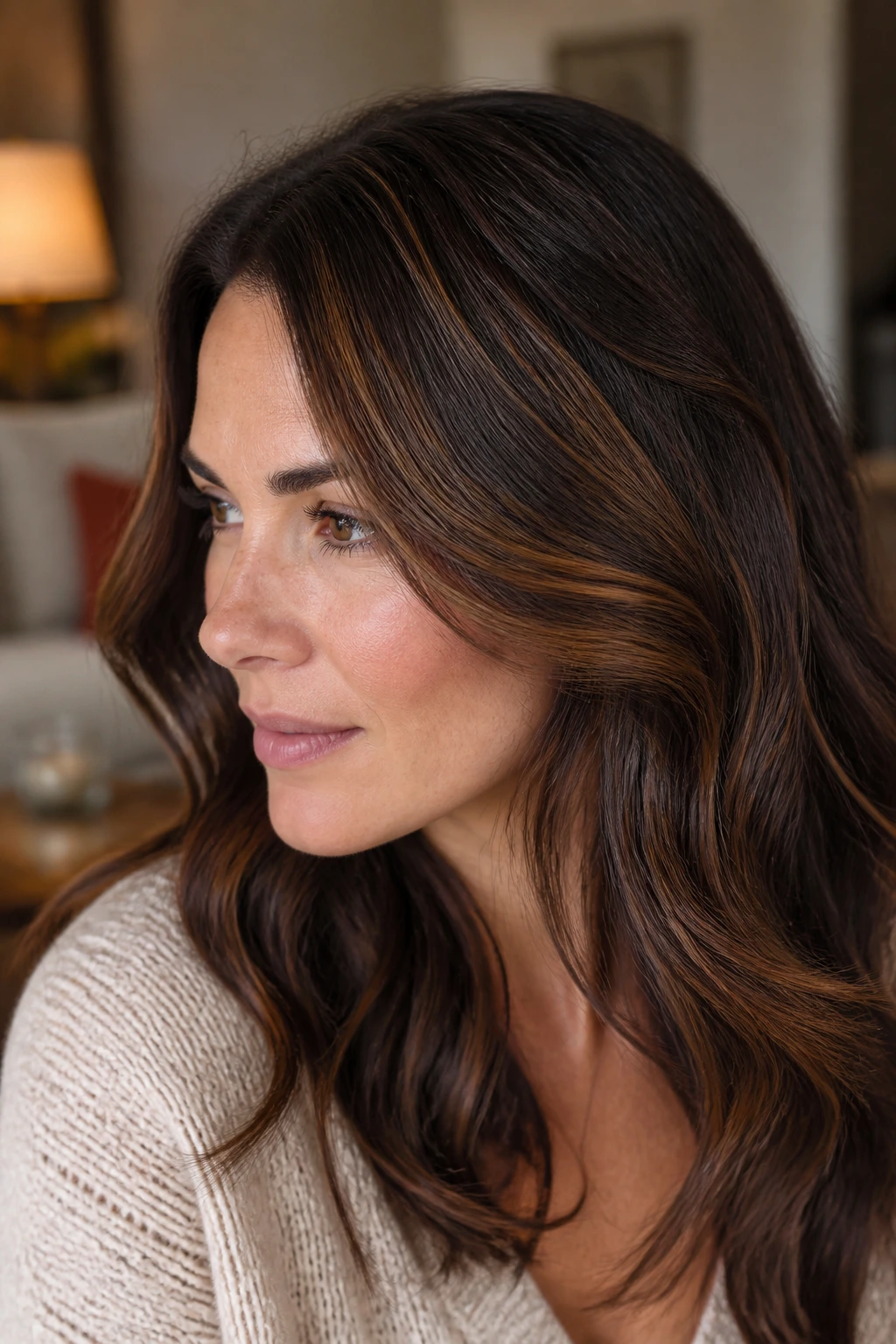 Close-up portrait of a real woman with warm tawny lowlights in brunette hair under cozy indoor lighting