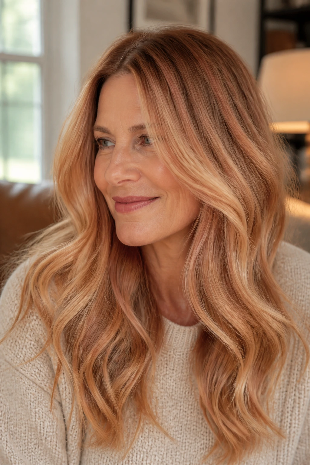 Medium close-up of a real woman with warm toffee strawberry melt hair gradient